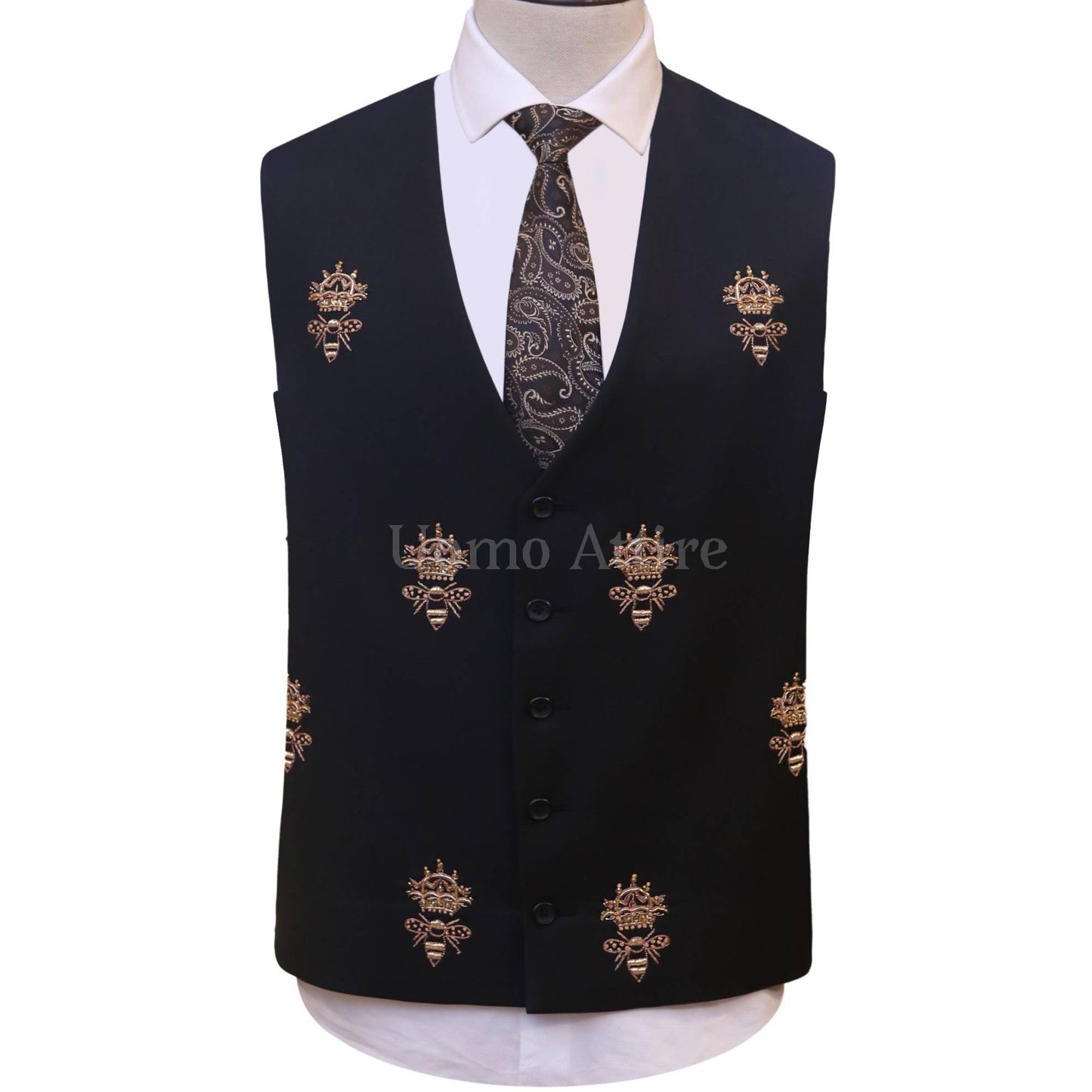 Bespoke honey bee black custom embellished 3 piece suit with same fabric vest | Best Wedding Suit for Groom