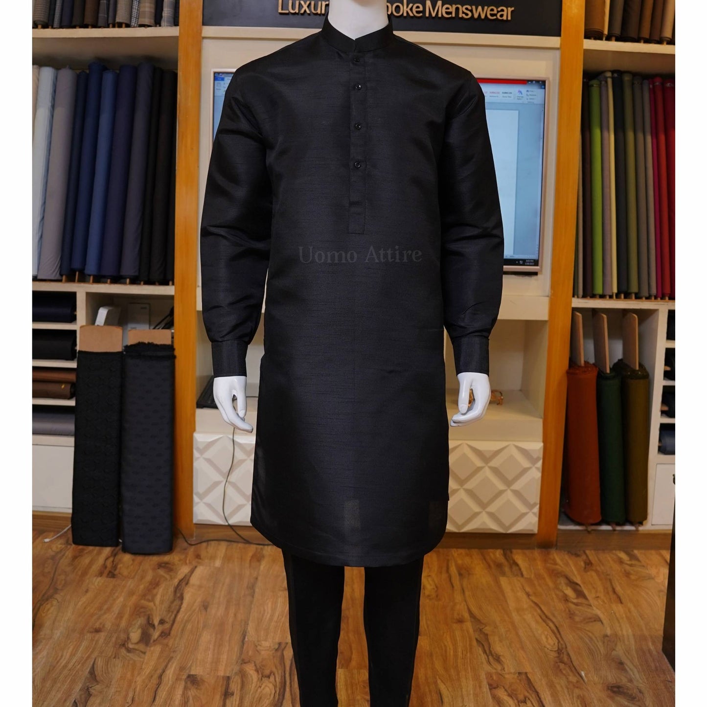 Black kurta pajama design for men in Raw Silk Fabric