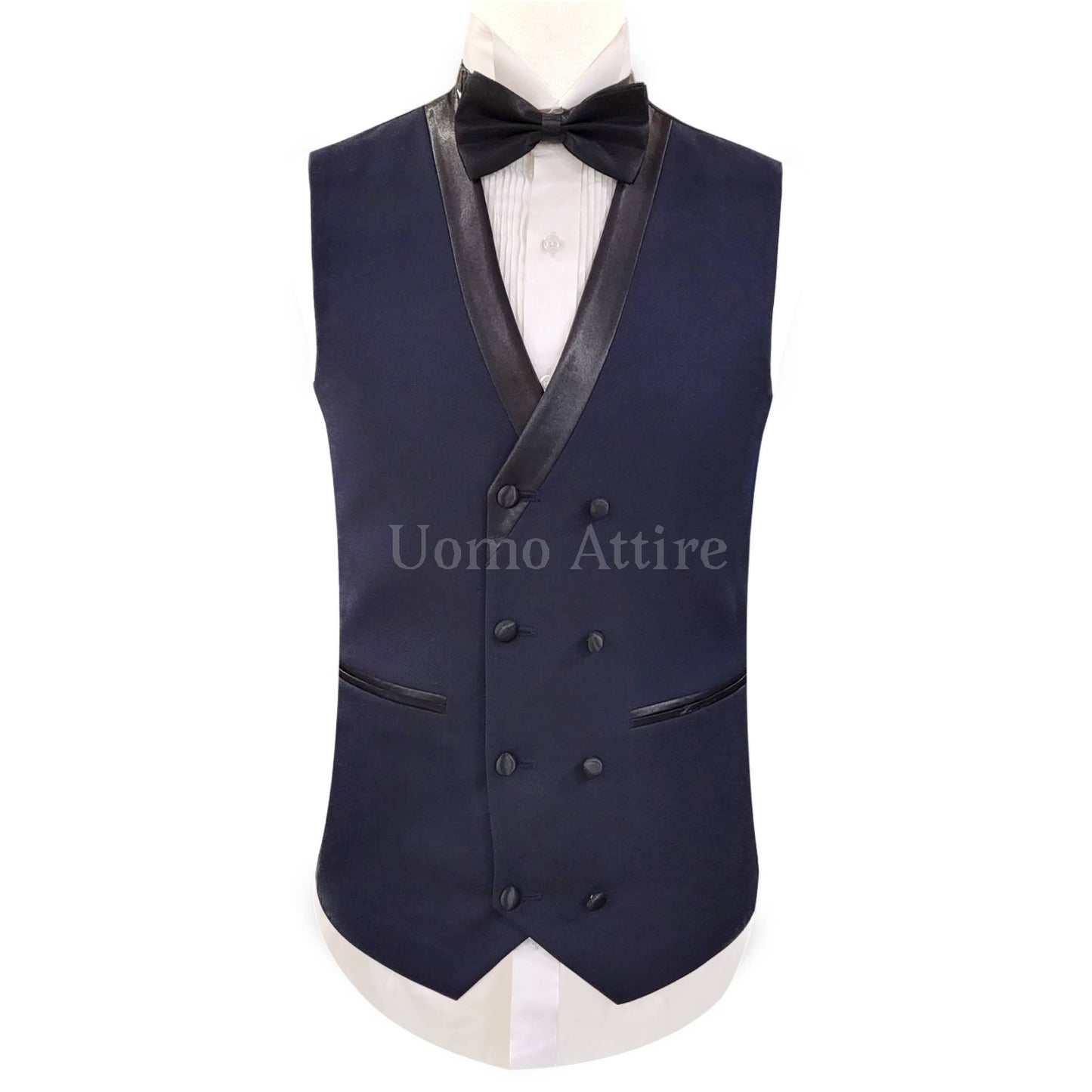 Custom tailored navy blue embellished tuxedo 3 piece suit for groom with double breasted shawl lapel vest | Wedding suit for groom