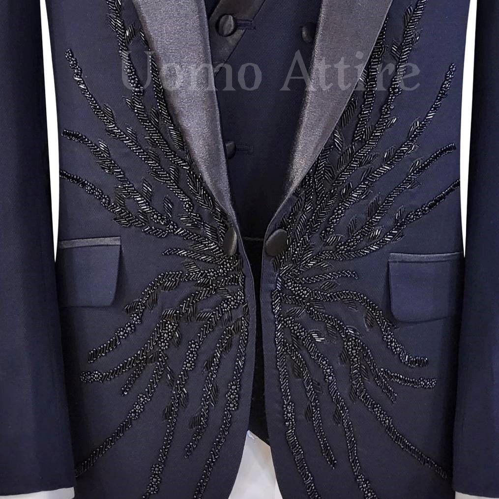 Custom tailored navy blue embellished tuxedo 3 piece suit for groom with hand-embellishments | Wedding suit for groom