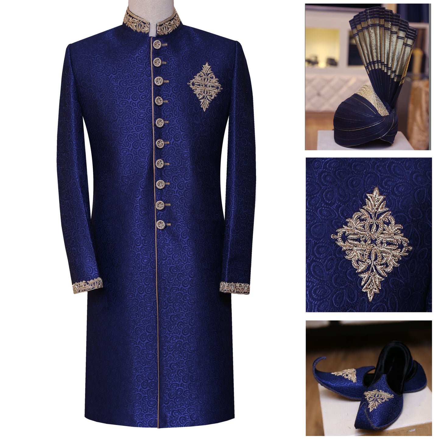 Bespoke Slim Fit Blue Wedding Sherwani For Groom