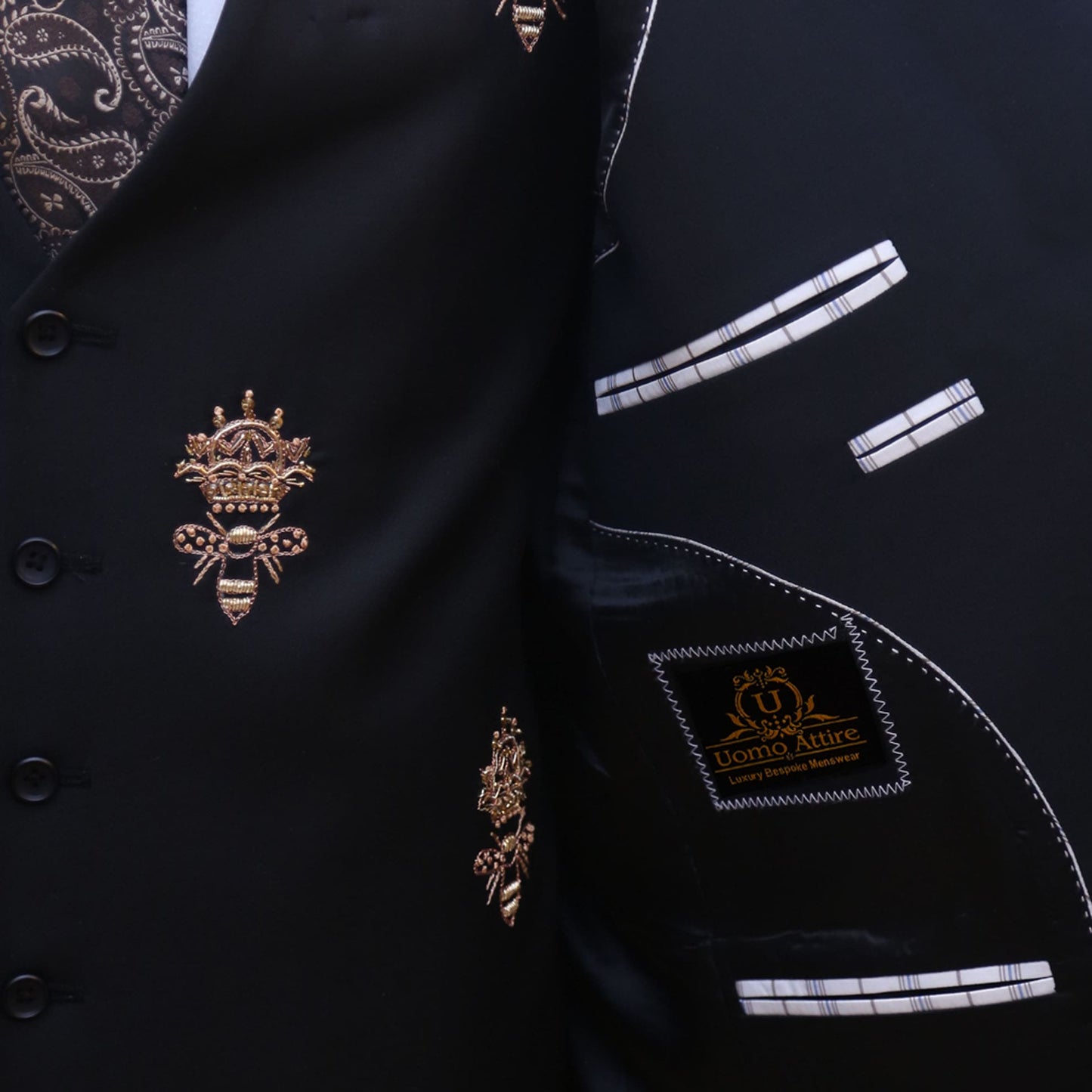 Bespoke honey bee black custom embellished 3 piece suit inside fashion