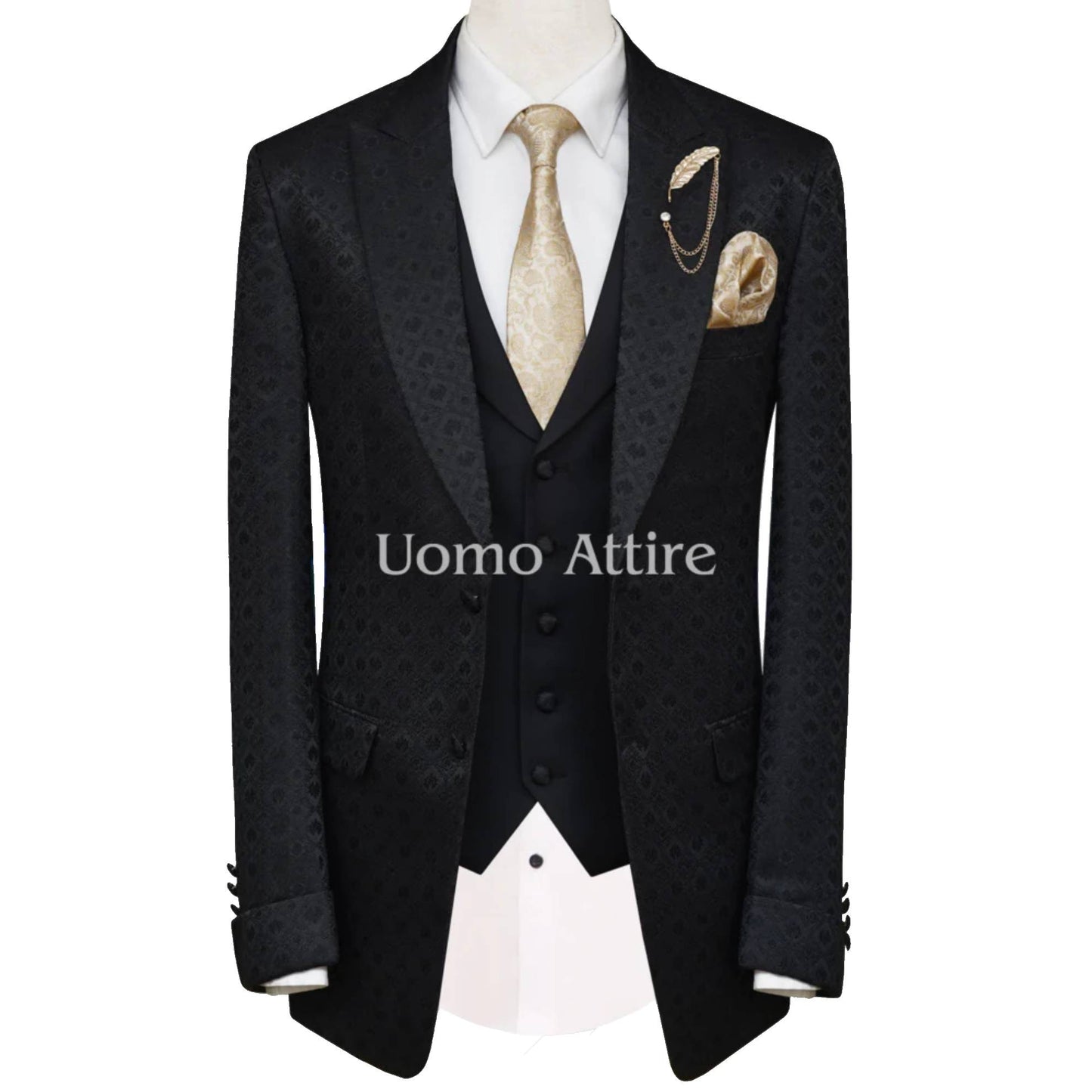 Black 3 Piece Suit For Men With Folding Cuff Peak Lapel | Black Mens Suit