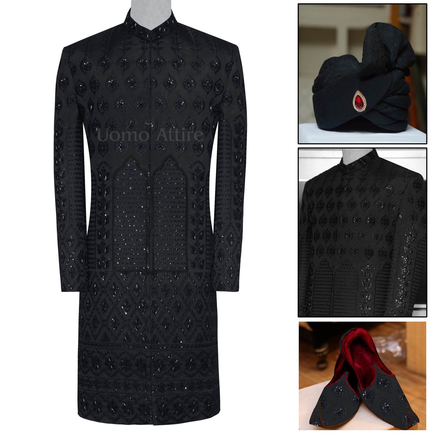 Black Designer Men's Groom Sherwani for Wedding with Turban and Khussa