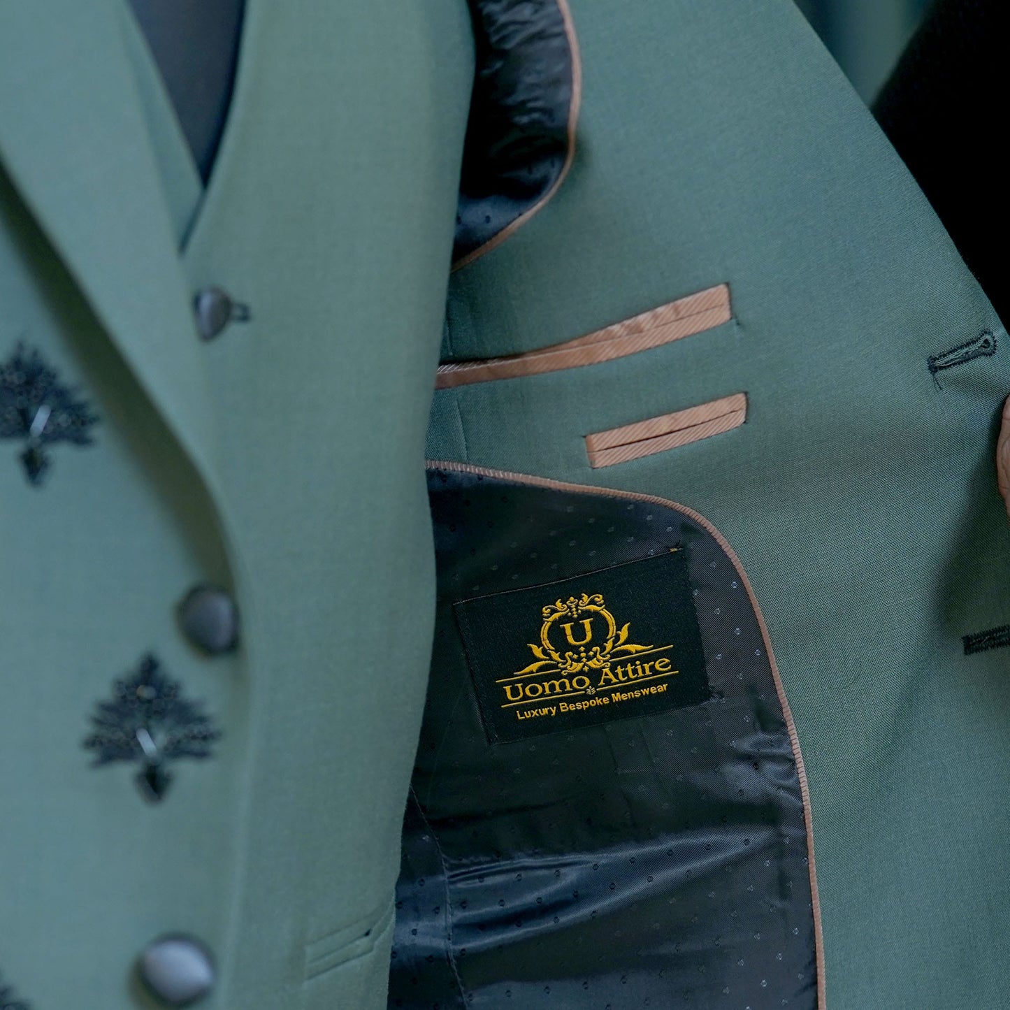 Black Embellished Green Wedding 3 Piece Suit For Men Inside Round Fashion