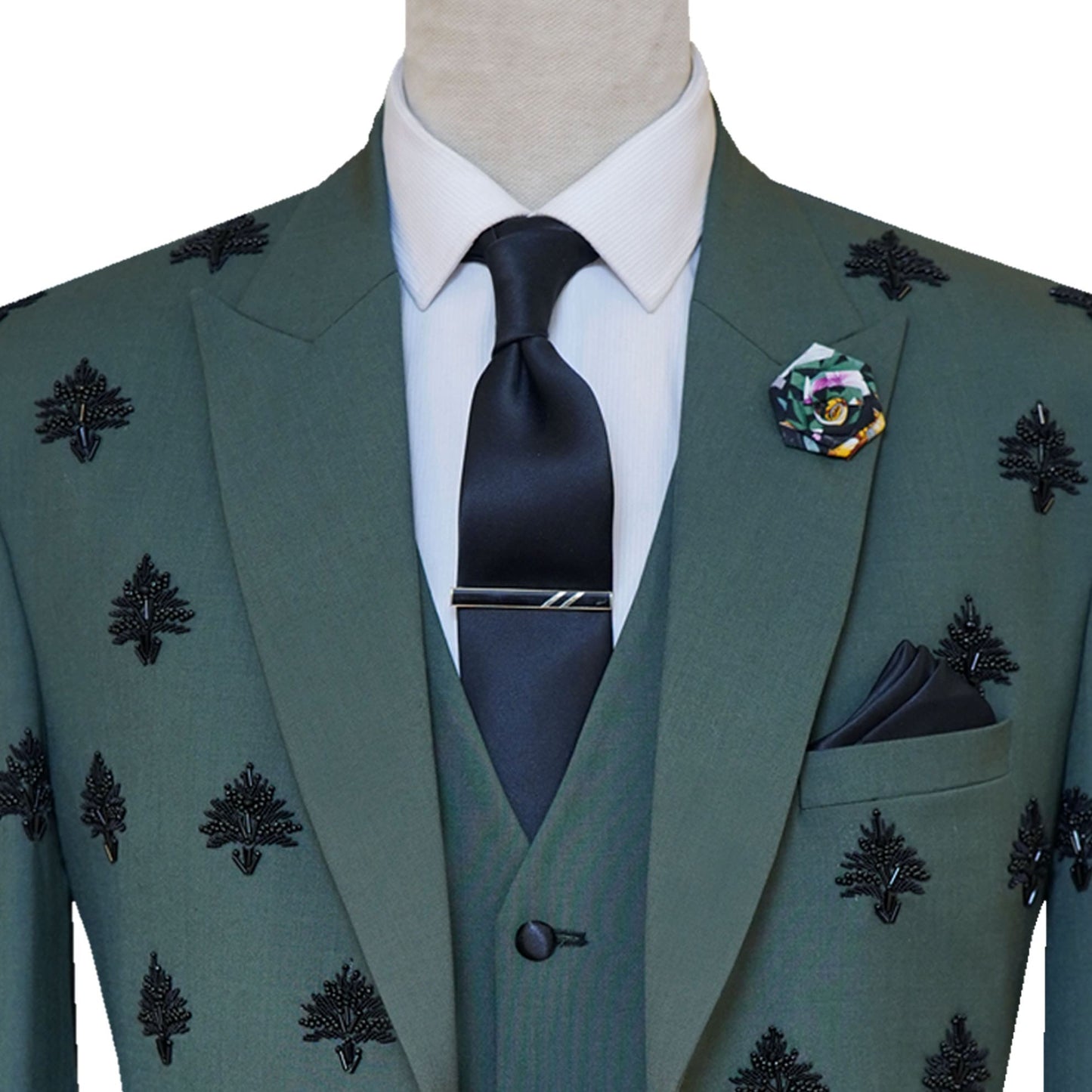 Black Embellished Green Wedding 3 Piece Suit For Men with Lapel Pin and Pocket Square