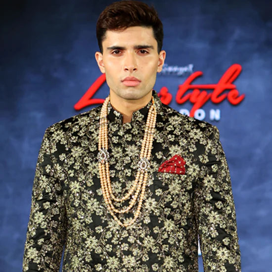 Black Golden Embroidered Short Sherwani for Groom