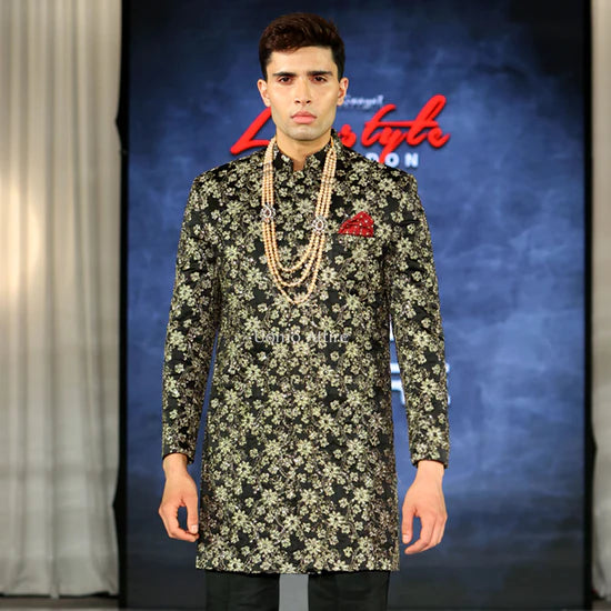 Black Golden Embroidered Short Sherwani for Groom