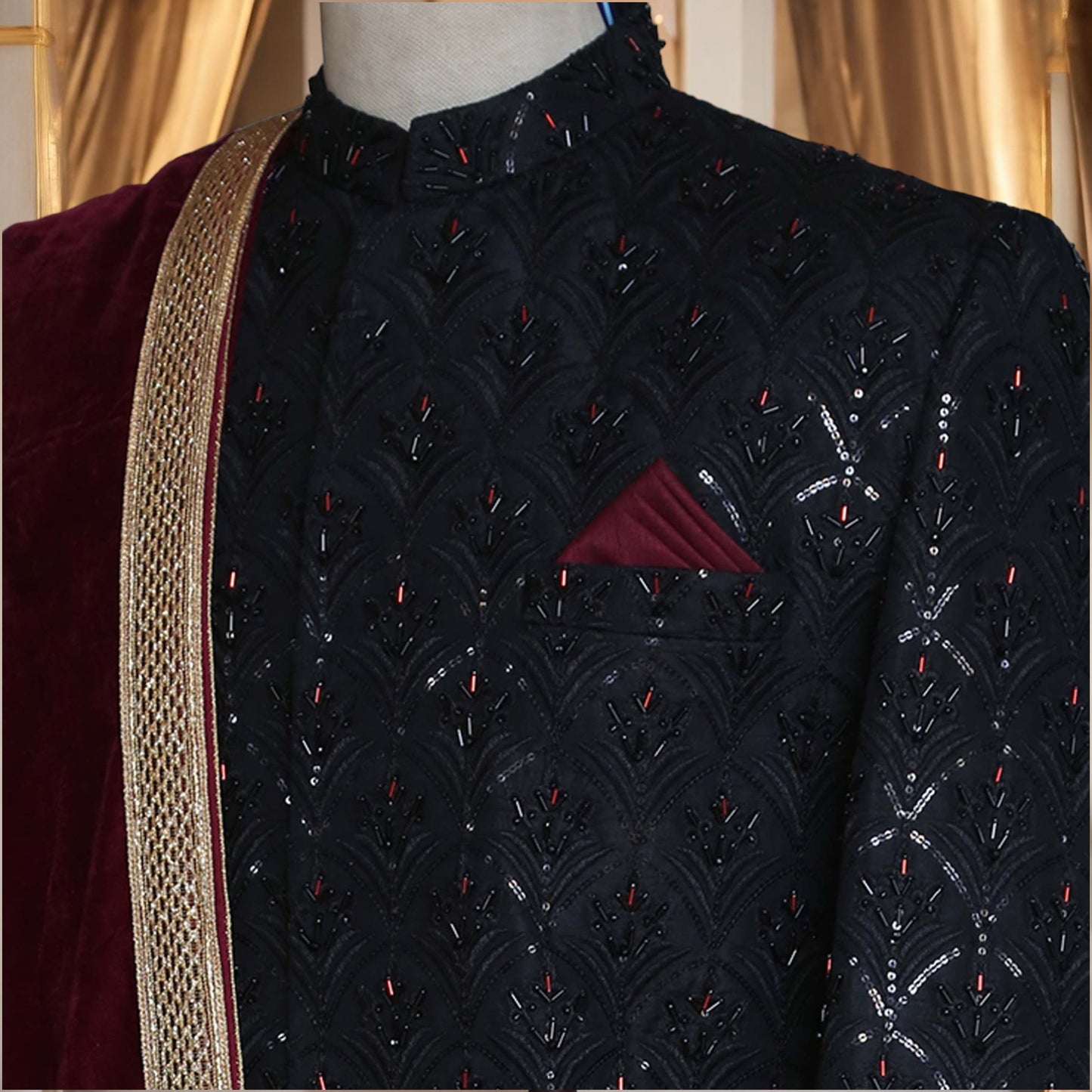 Black Designer Sherwani with Black and Maroon Hand Work