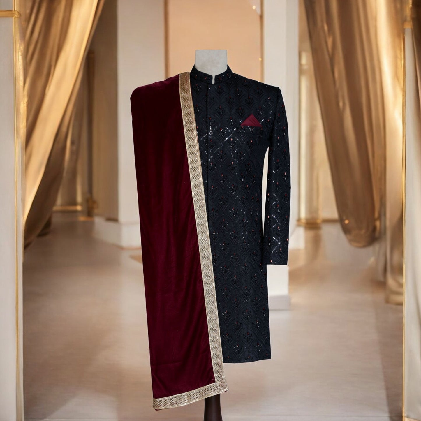Black Designer Sherwani with Maroon Shawl