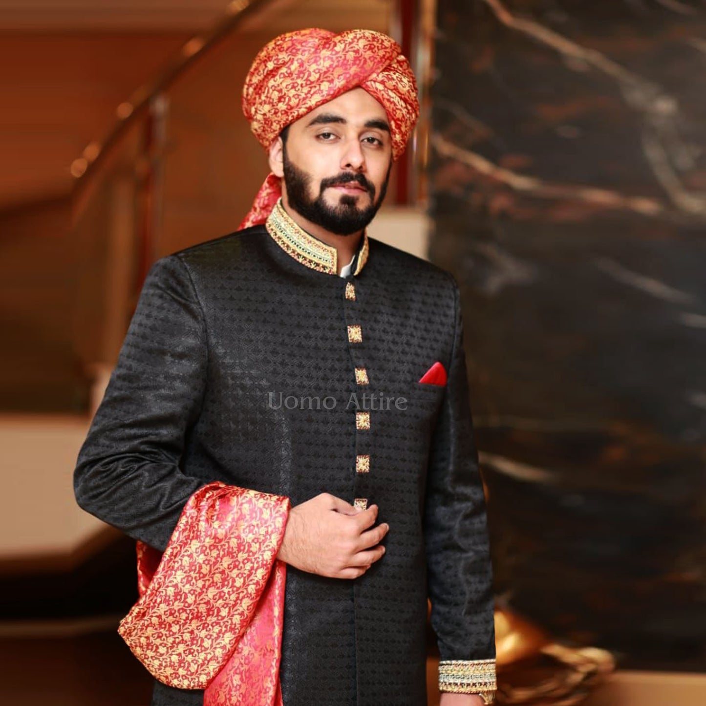 Black Sherwani for Groom with Red Turban & Embroidered Shawl
