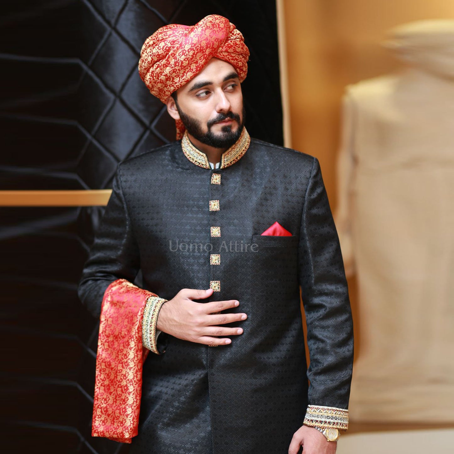 Black Sherwani for Groom with Red Turban & Embroidered Shawl
