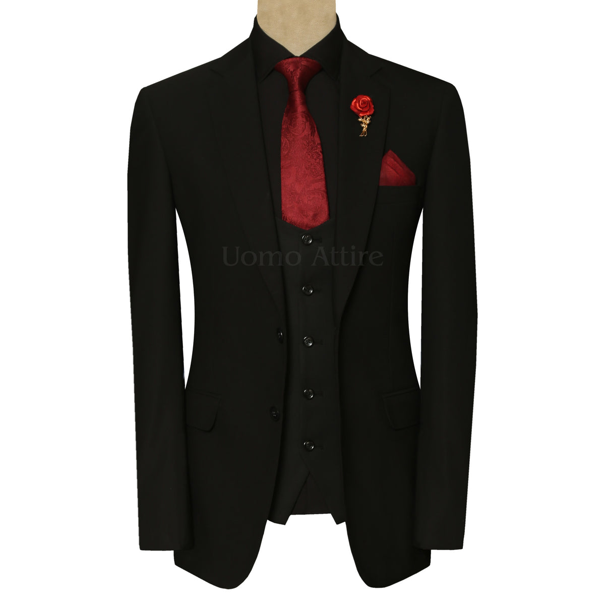 Black on Black Wedding Suit for Men with Maroon Accessories Black on Black Wedding Suit for Men with Maroon Accessories