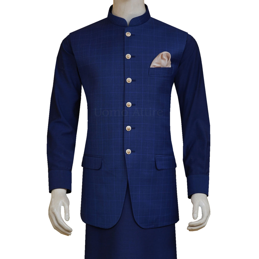 Men's Blue Check Waistcoat with Kurta Pajama