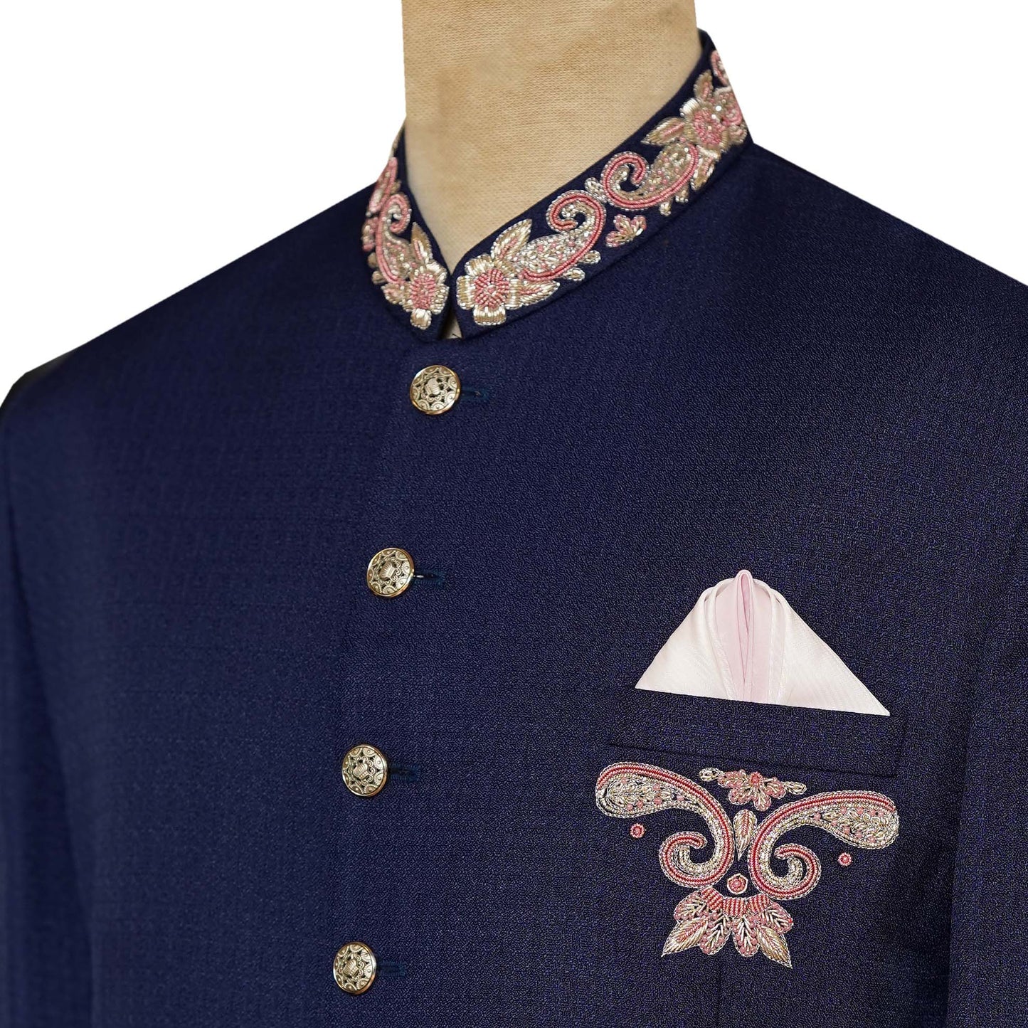 Blue Wedding Prince Coat For Men With Tea Pink Handwork