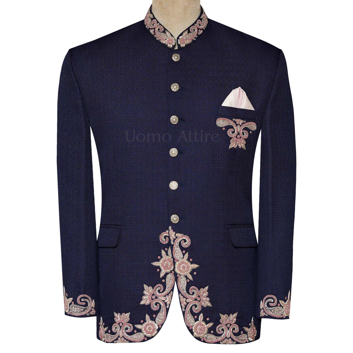 Blue Wedding Prince Coat For Men With Tea Pink Handwork