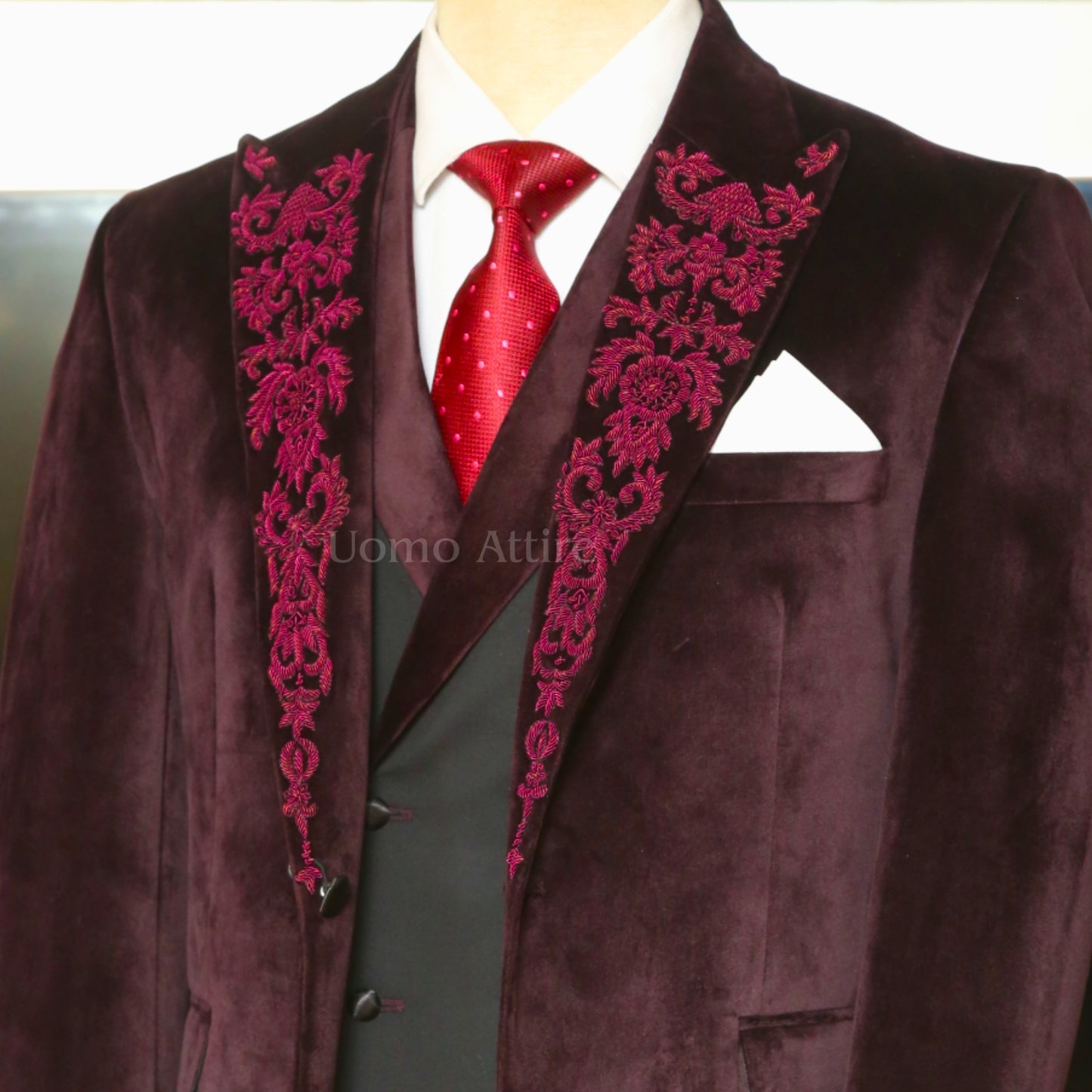 Burgundy Velvet Designer Groom Tuxedo