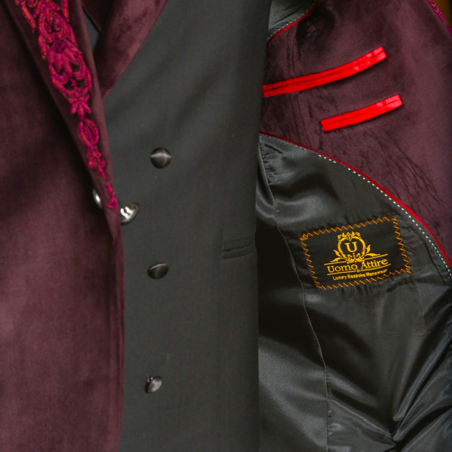 Burgundy Velvet Designer Groom Tuxedo