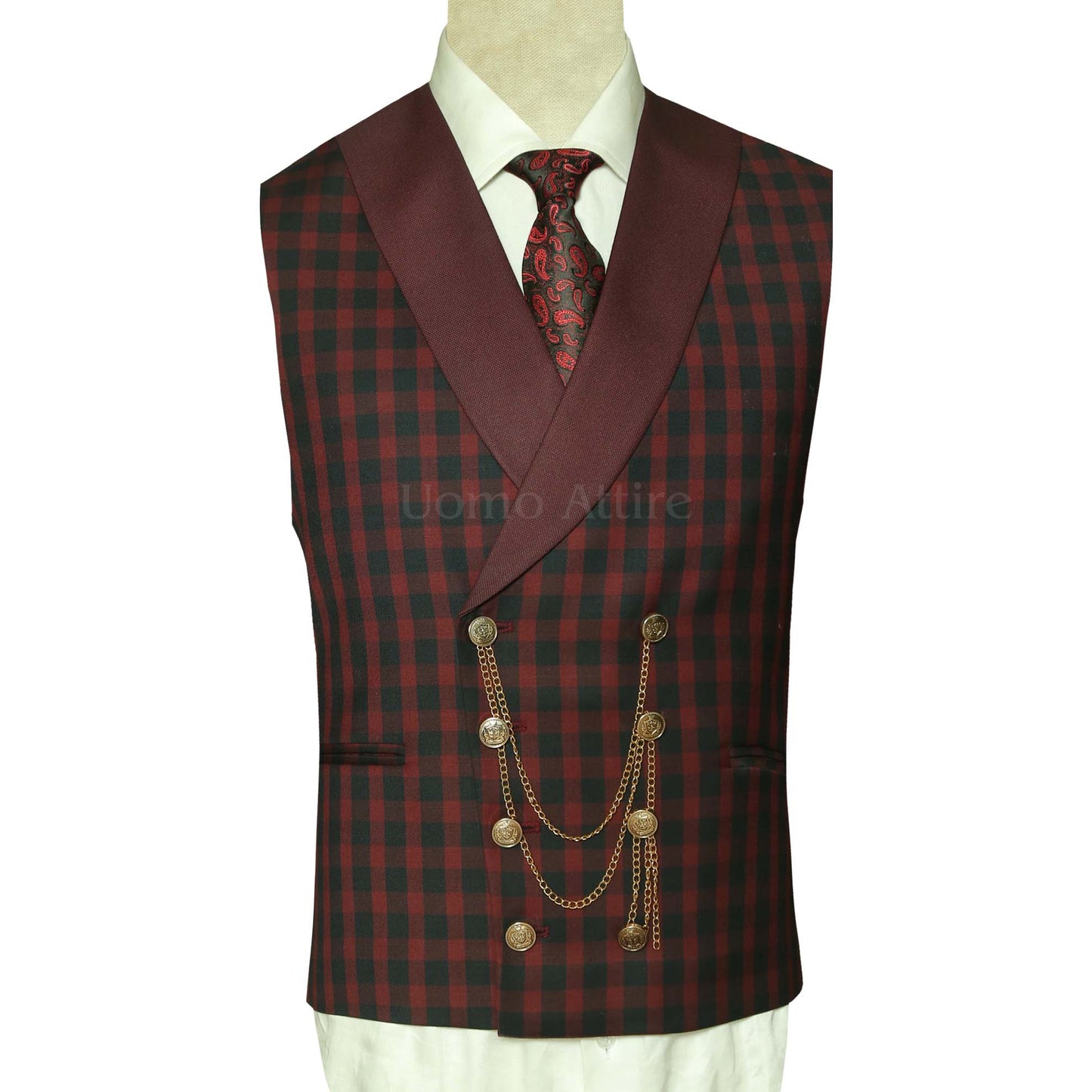 Burgundy Wedding Suit for Groom with Check Vest - Mens Double Breasted Black and Maroon Contrast Vest