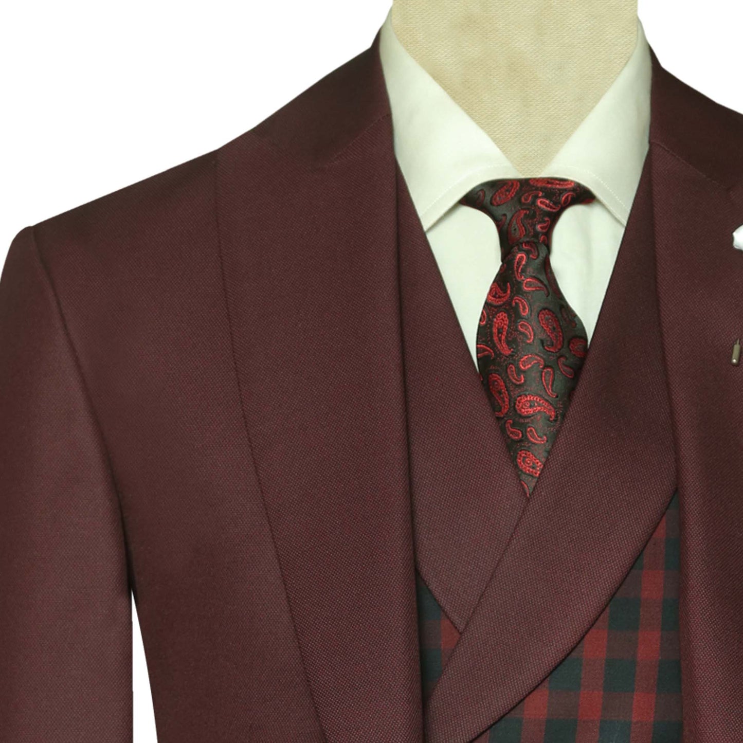 Burgundy Wedding Suit for Groom with Check Vest with Knitted Tie