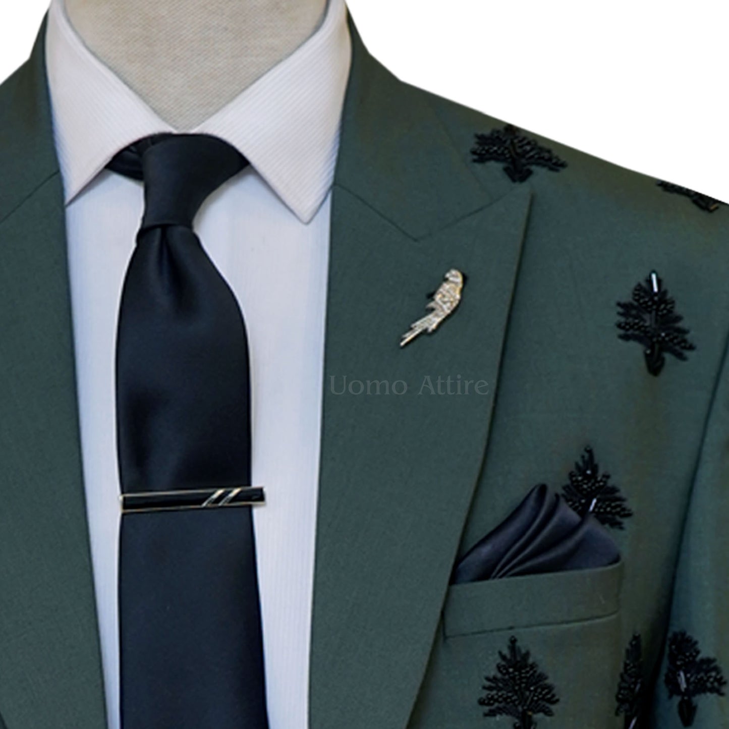 Black Tie and Lapel Pin With Custom Embellished Light Green Three Piece Suit | Three Piece Suit for Men