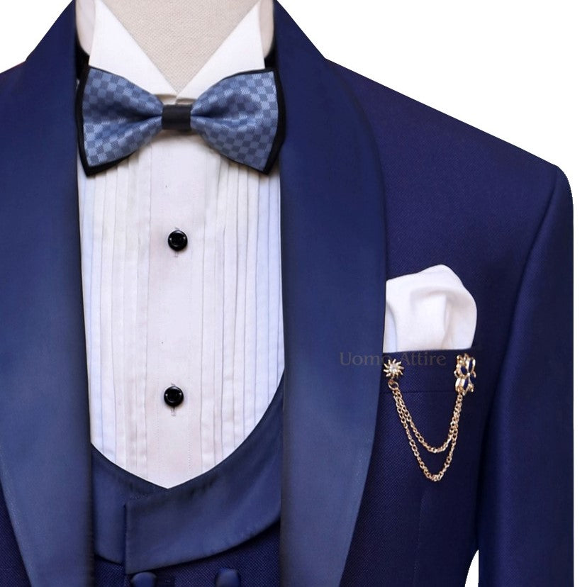 Custom designer blue tuxedo suit for wedding with pocket square and tuxedo tie | Blue tuxedo suit