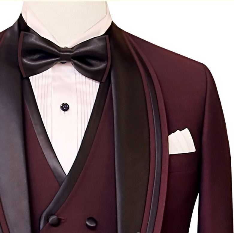 black rose color tuxedo three piece suit, tuxedo suit with double piping contrast wide shawl and double breasted piping vest