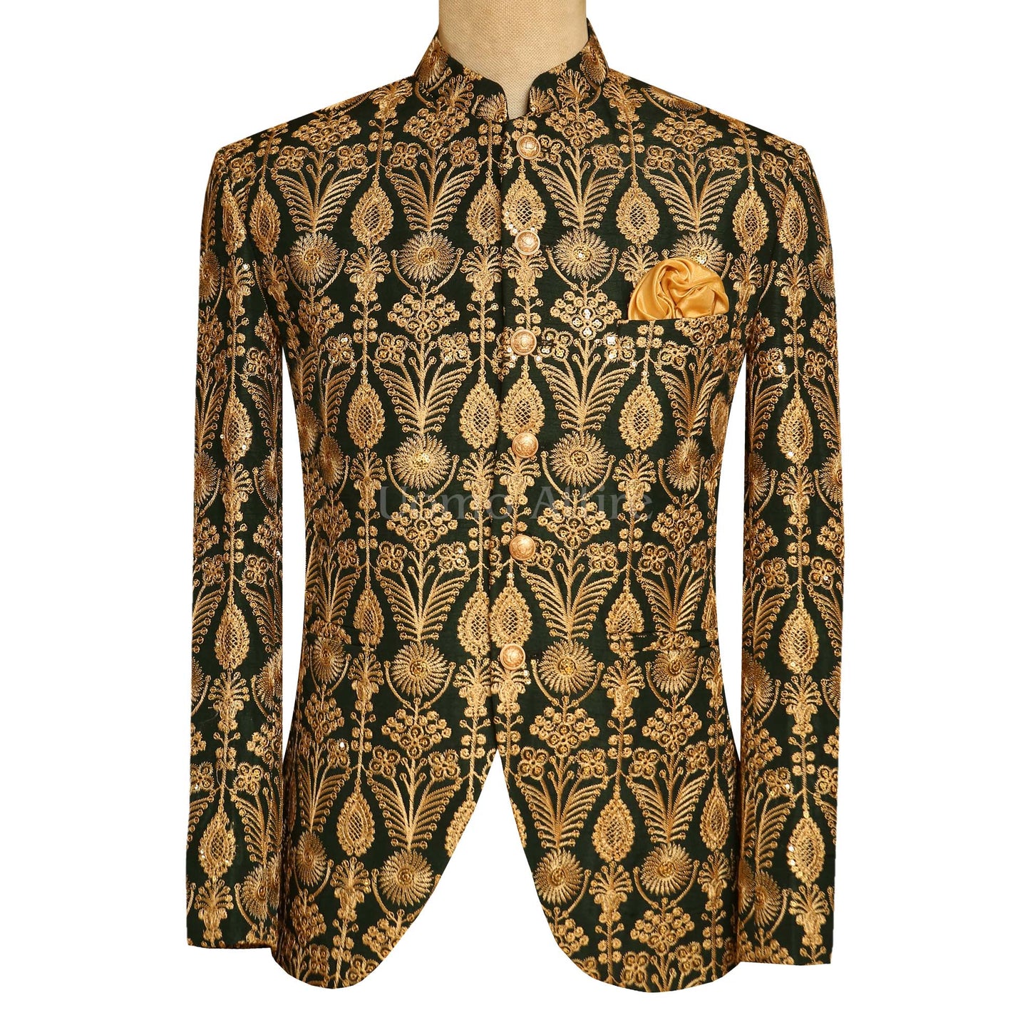 Deep Green Prince Coat with Golden Embroidery
