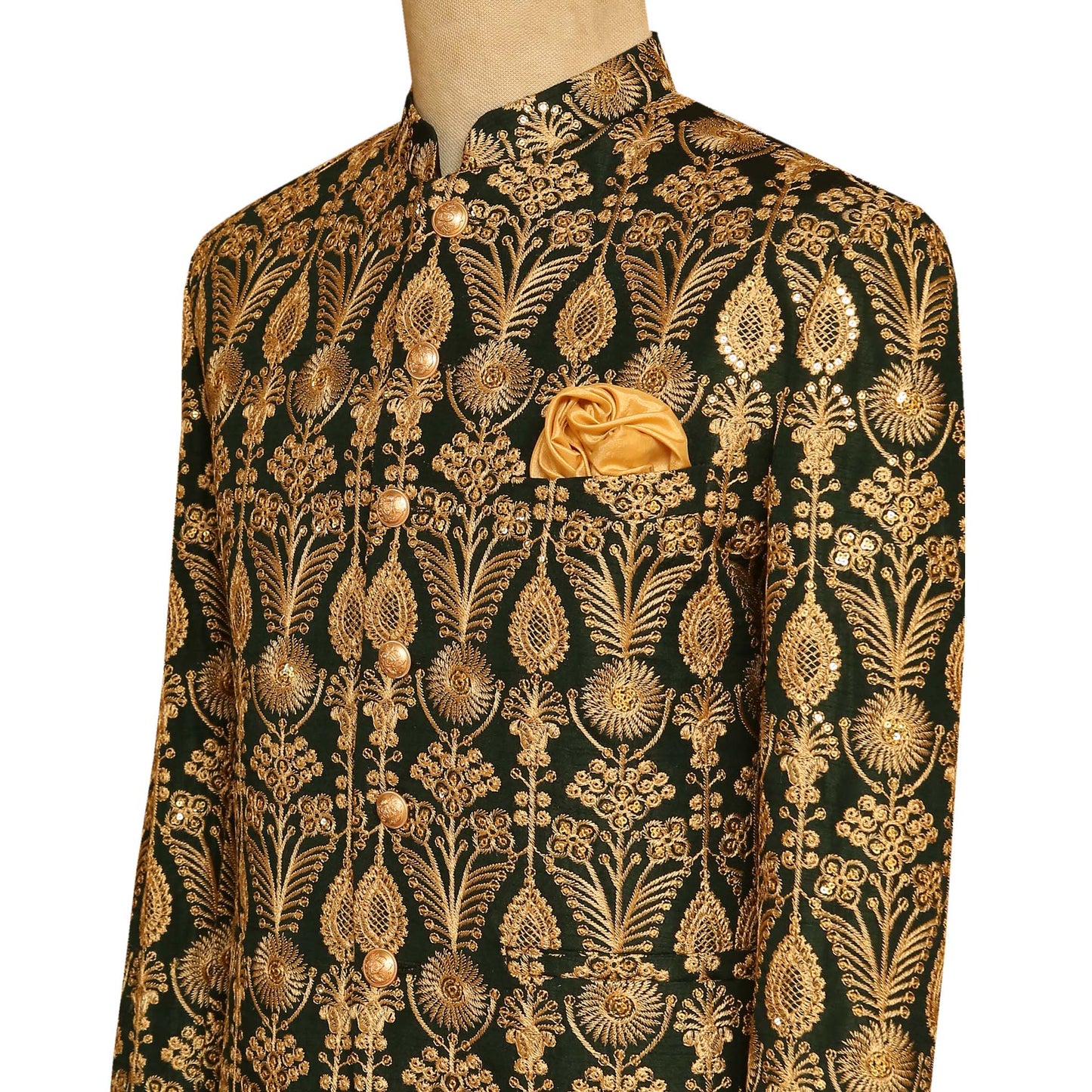 Deep Green Prince Coat with Golden Embroidery