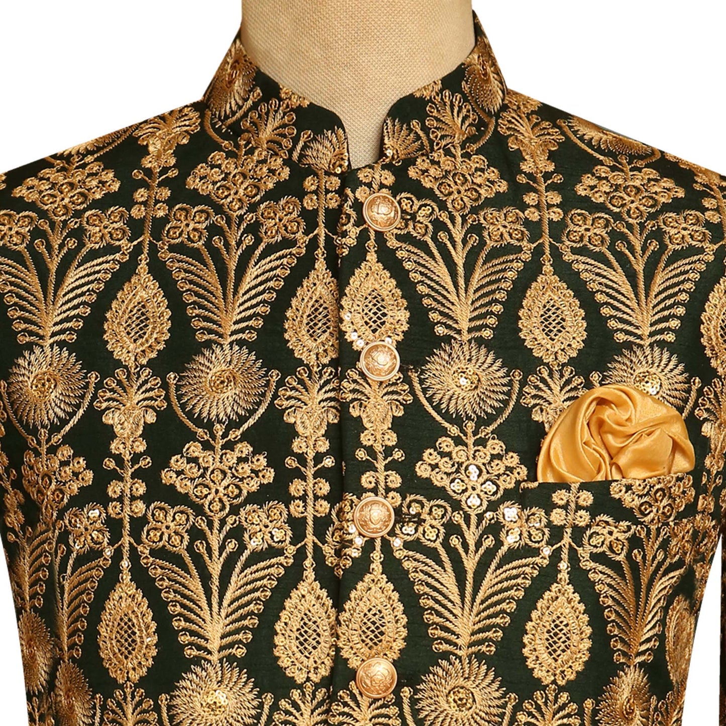 Deep Green Prince Coat with Golden Embroidery