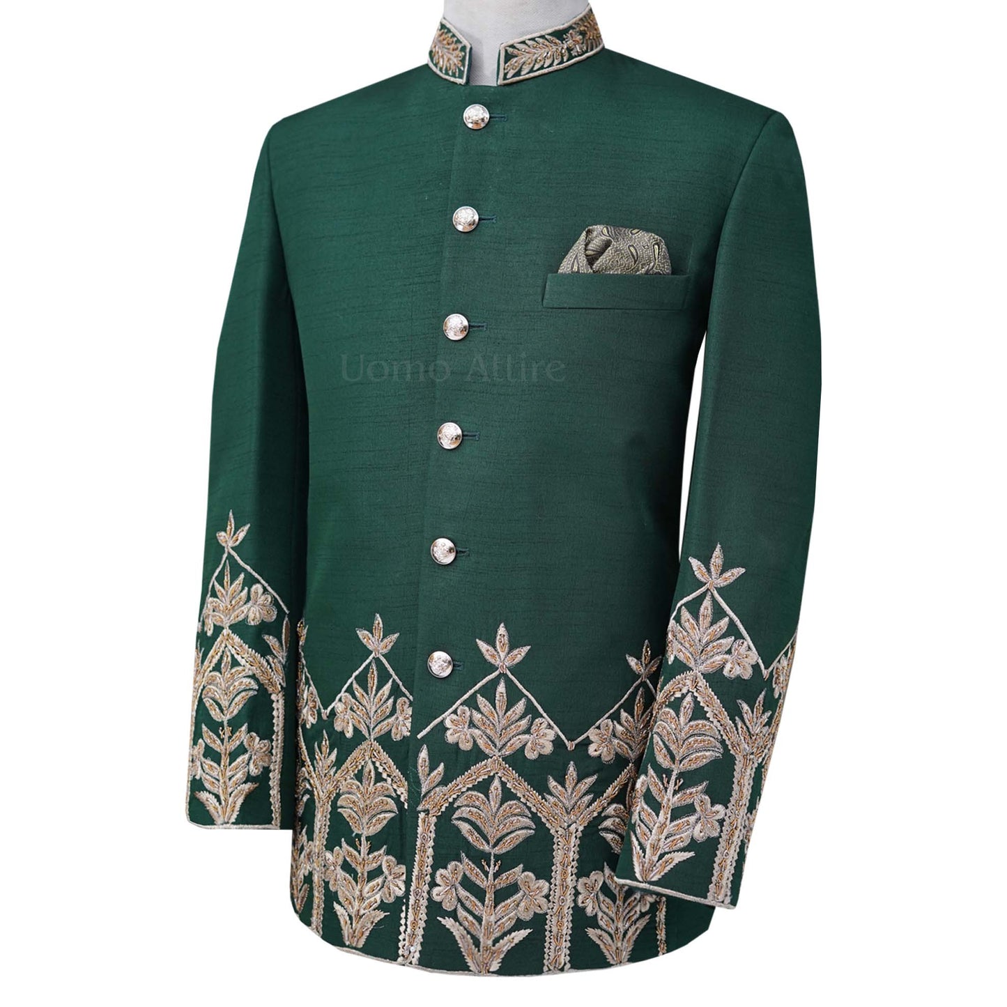 Deep green prince coat with golden embellishment | Prince coat  for groom 2