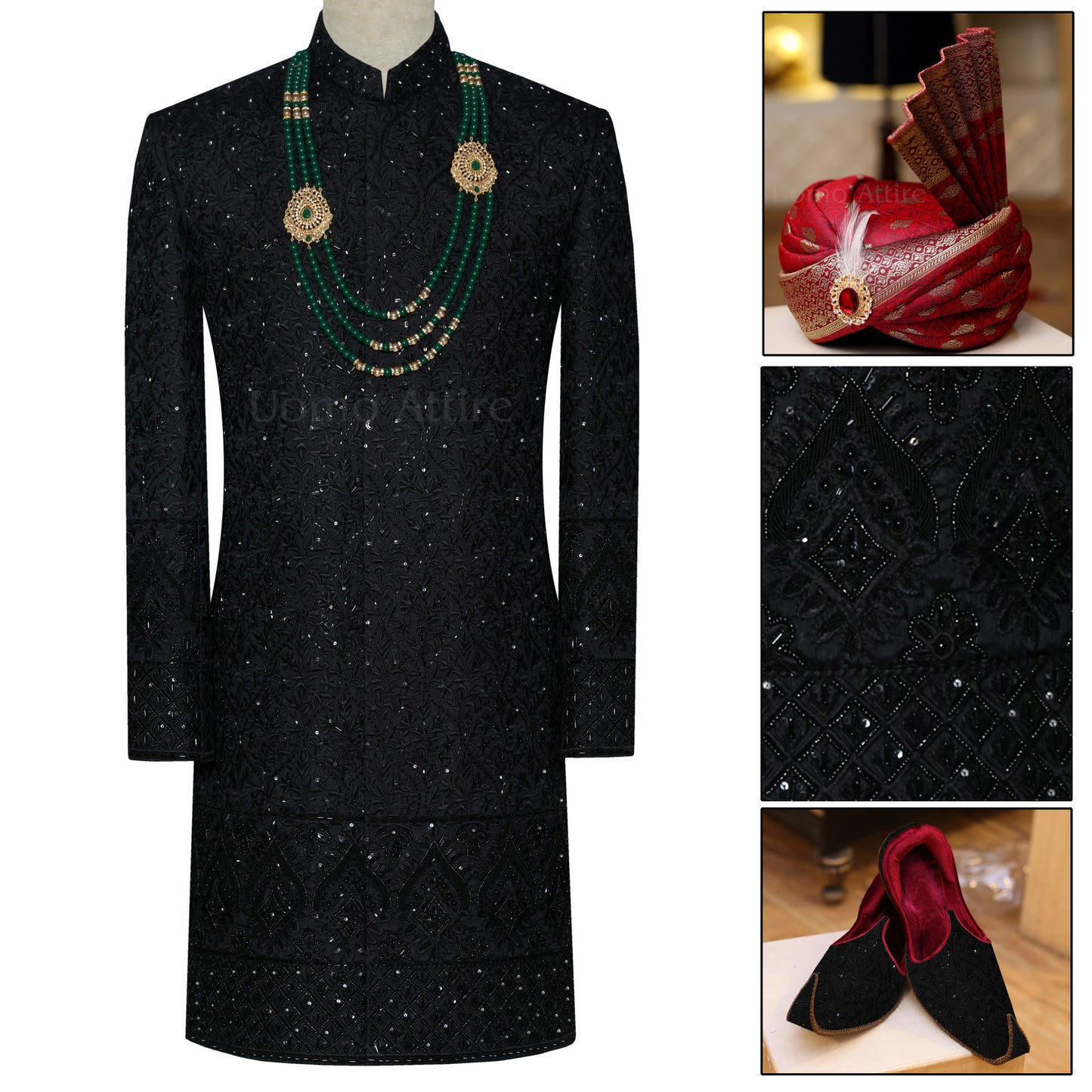 Black Wedding Sherwani for Groom with turban and Khussa