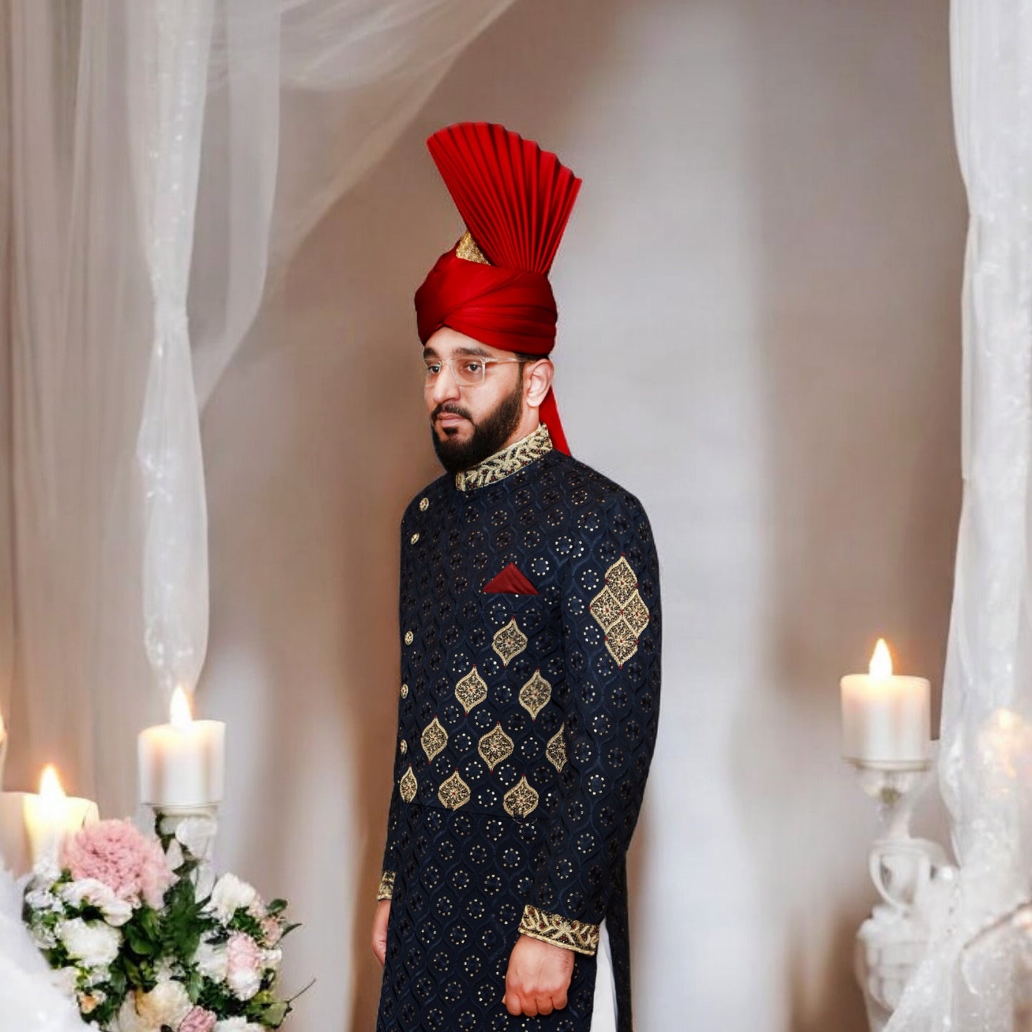 Designer Navy Blue Sherwani for Groom with Turban