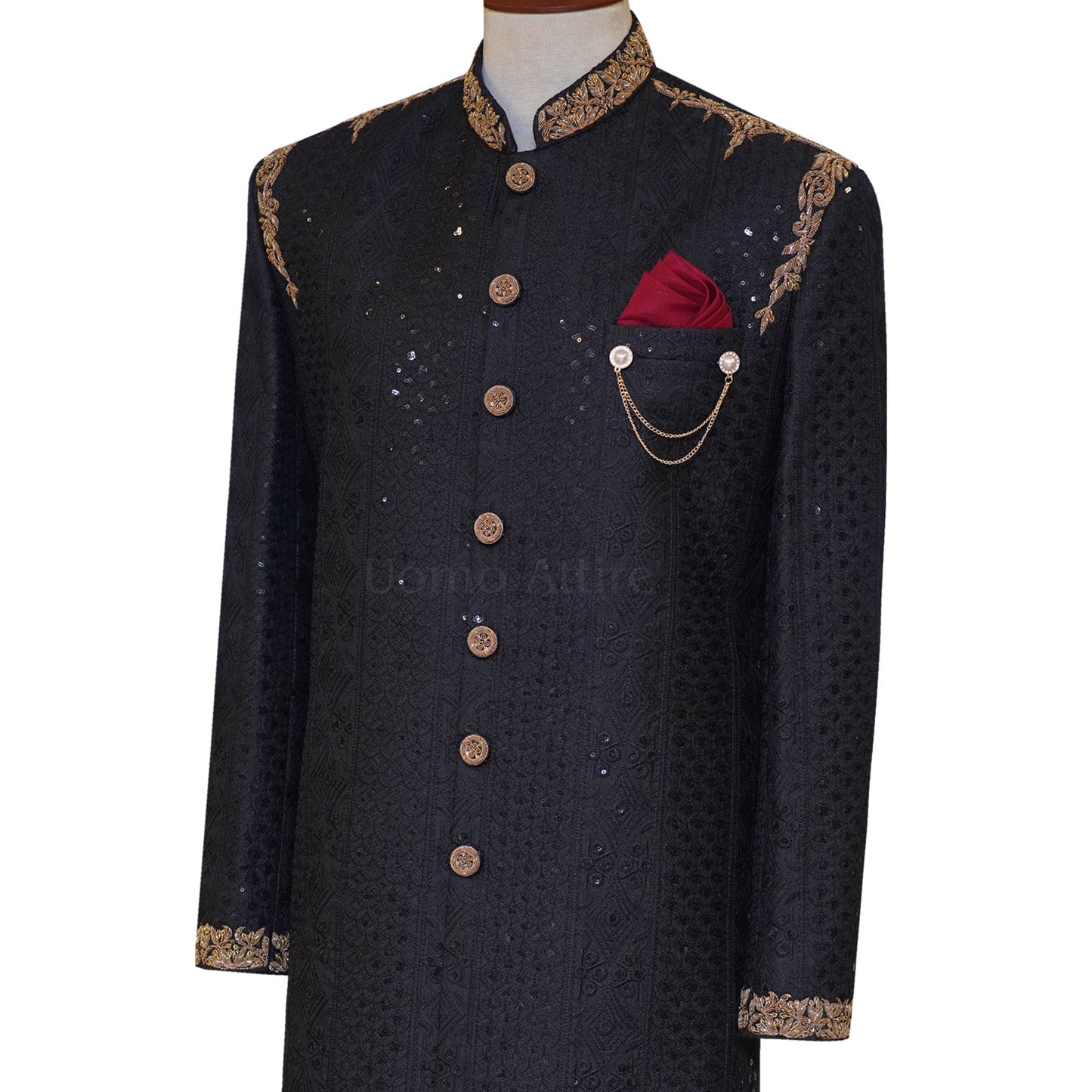 Embroidered Classic Black Wedding Sherwani for Groom