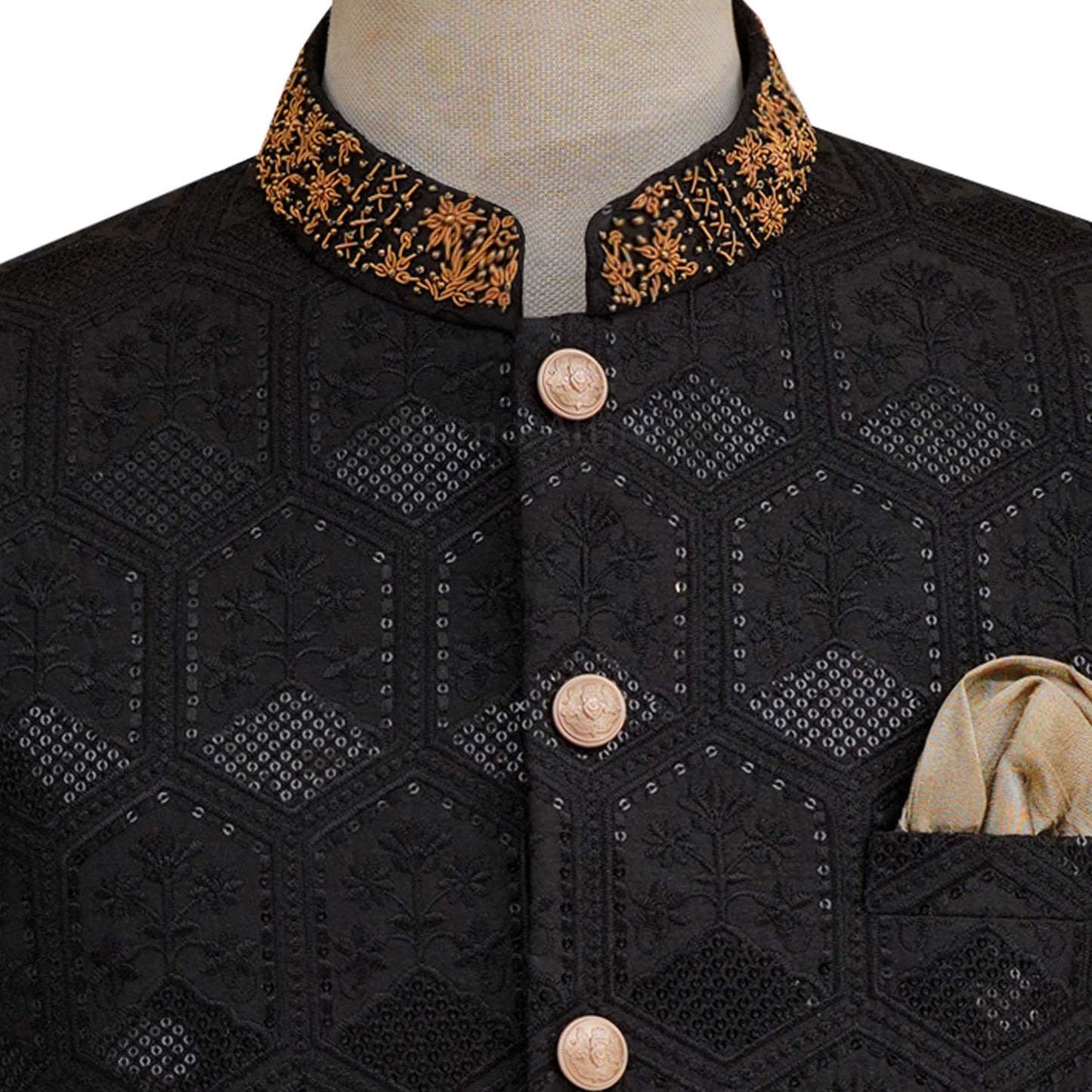 Embroidered fabric black prince coat with golden embellishment | Black prince coat for groom 2