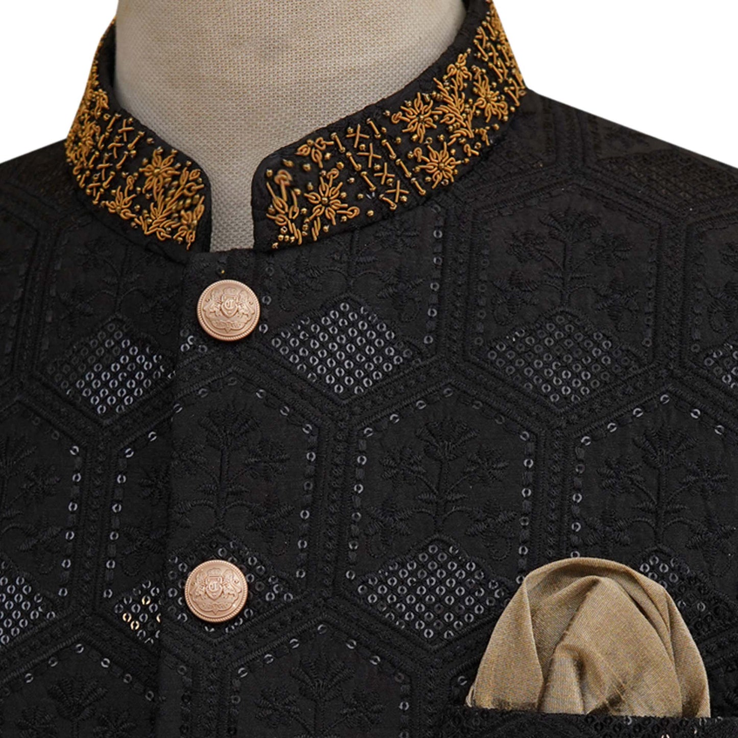 Embroidered fabric black prince coat with golden embellishment | Black prince coat for groom 3