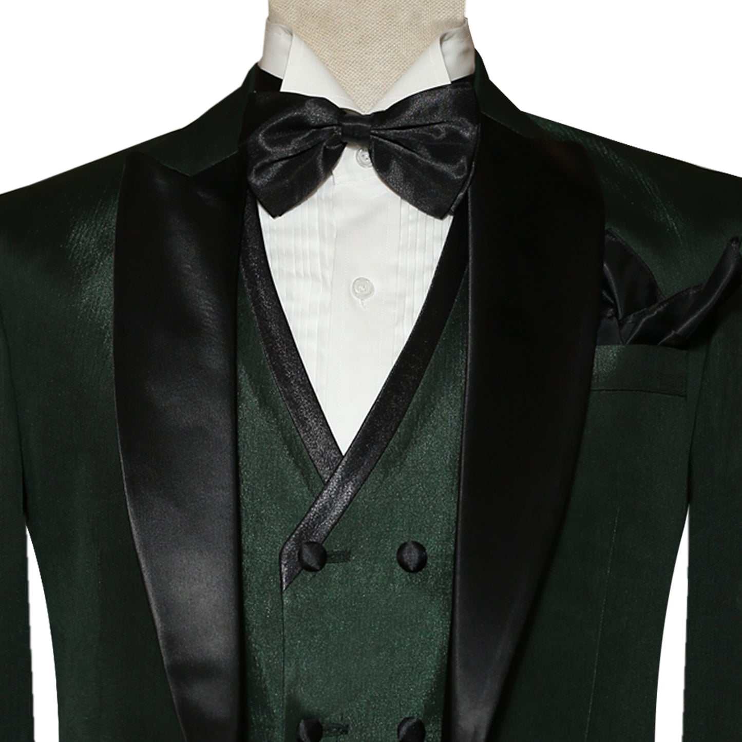 Forest Green Tuxedo Suit with Black Shawl Collar | Black Bow Tie and Pocket Square
