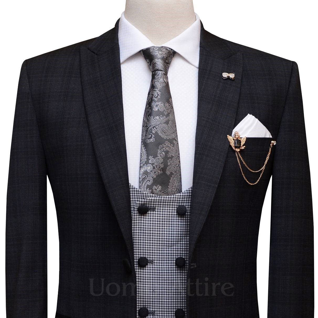Glen check customized contrast three piece suit 3