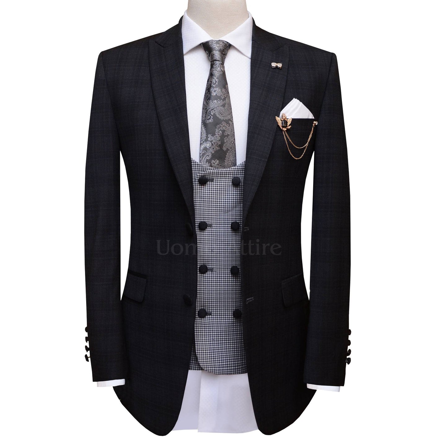 Glen check customized contrast three piece suit