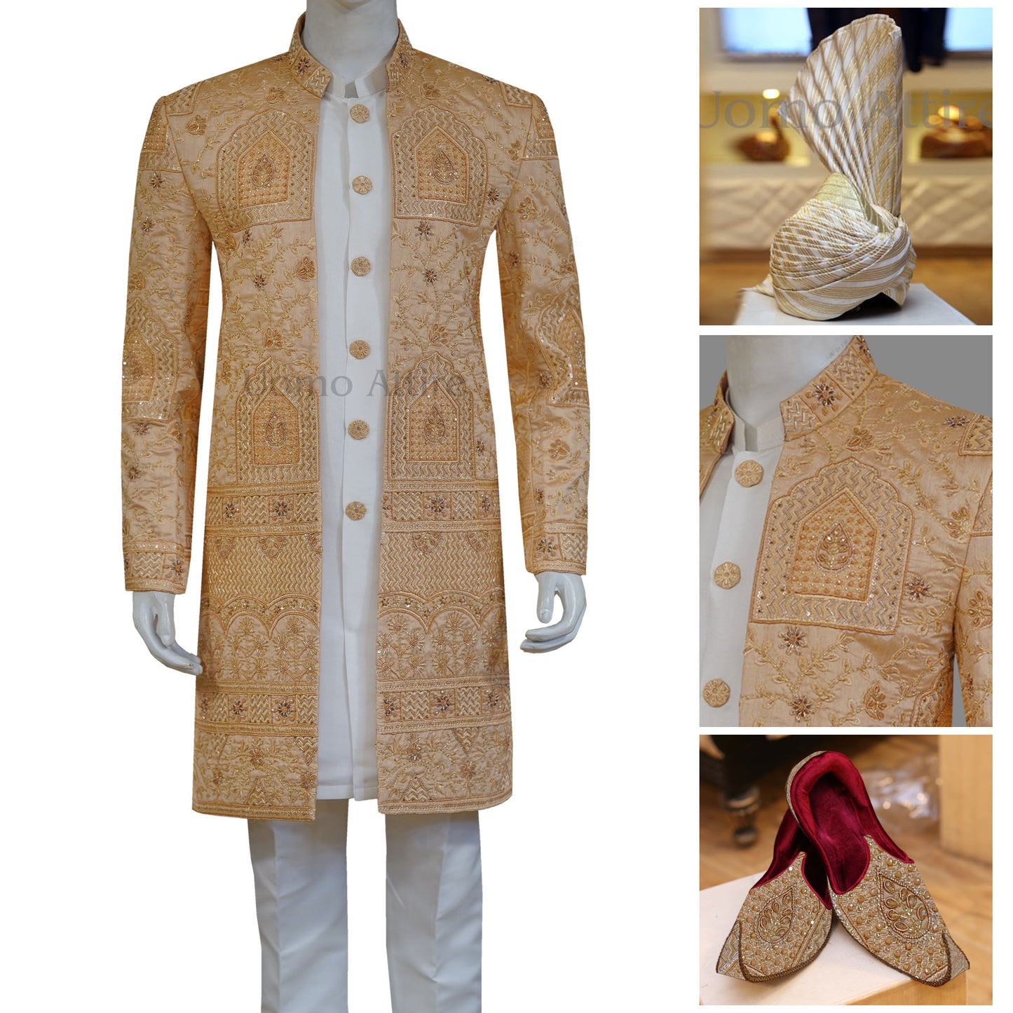 Golden Open Front Wedding Sherwani for Groom complete package