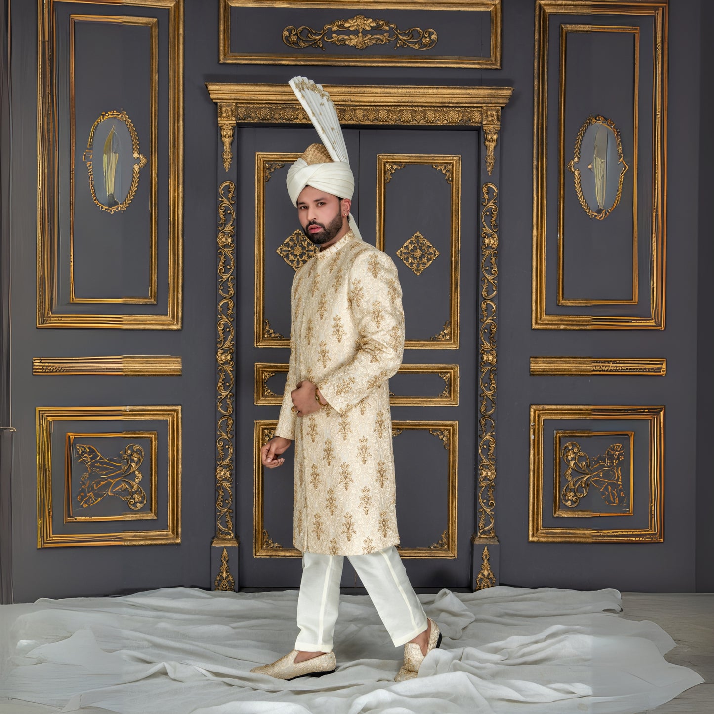 Golden Hand-Embroidered Groom Sherwani with Maroon Velvet Shawl
