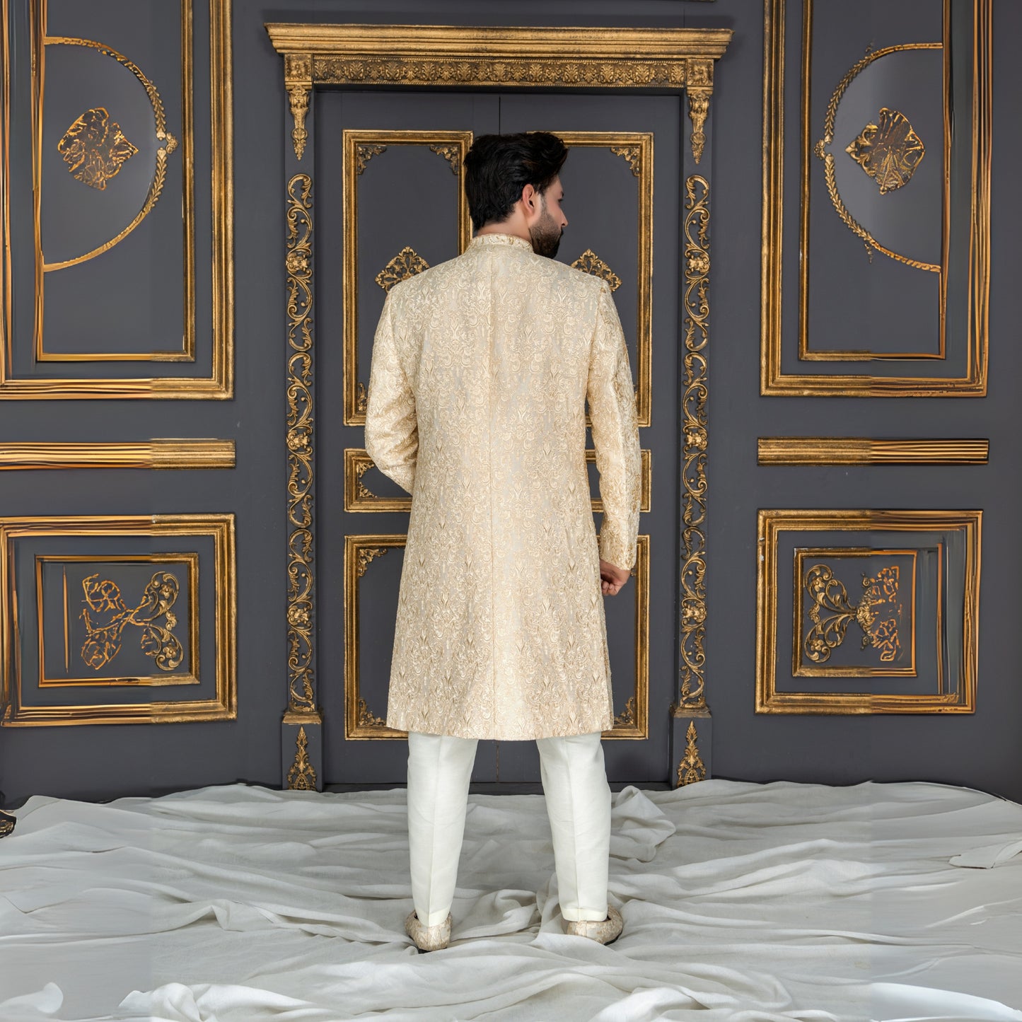 Golden Hand-Embroidered Groom Sherwani with Maroon Velvet Shawl