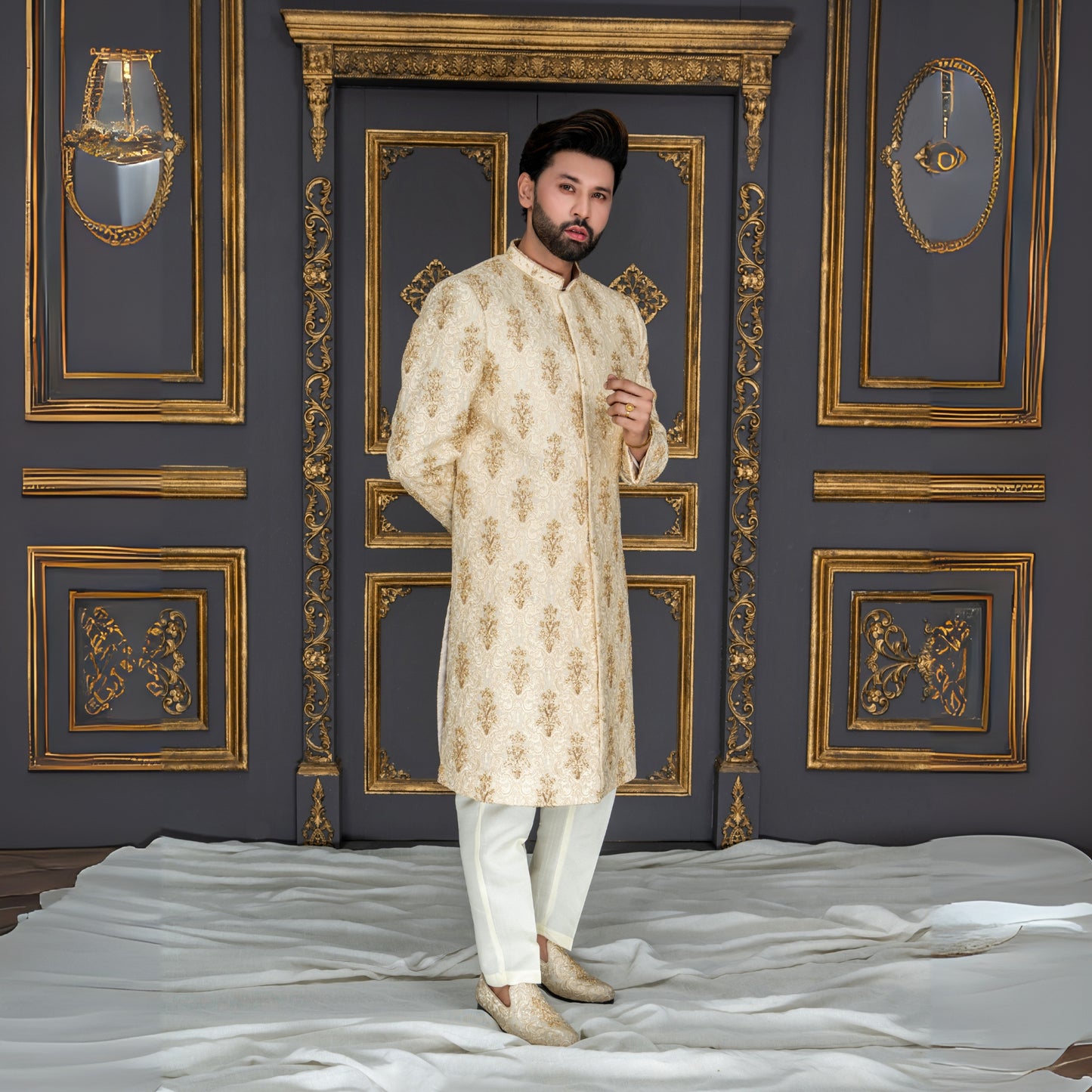 Golden Hand-Embroidered Groom Sherwani with Maroon Velvet Shawl