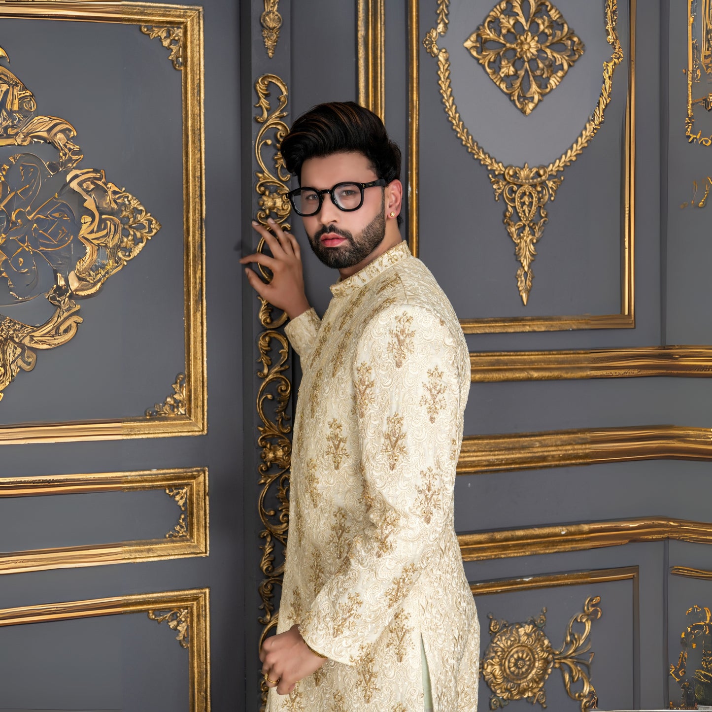 Golden Hand-Embroidered Groom Sherwani with Maroon Velvet Shawl