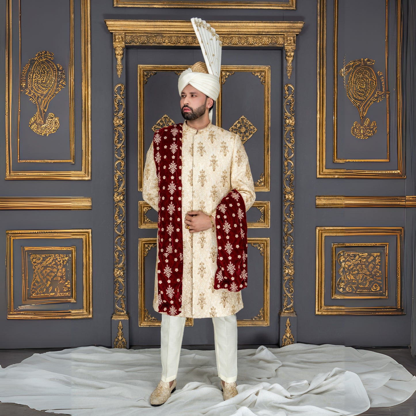 Golden Hand-Embroidered Groom Sherwani with Maroon Velvet Shawl
