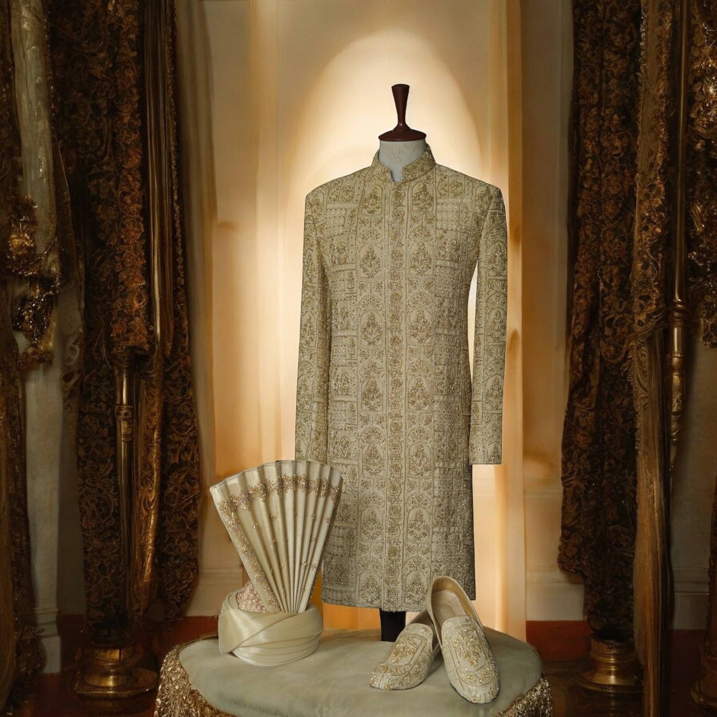 Golden Sherwani for Groom with Turban and Shoes Buy Online
