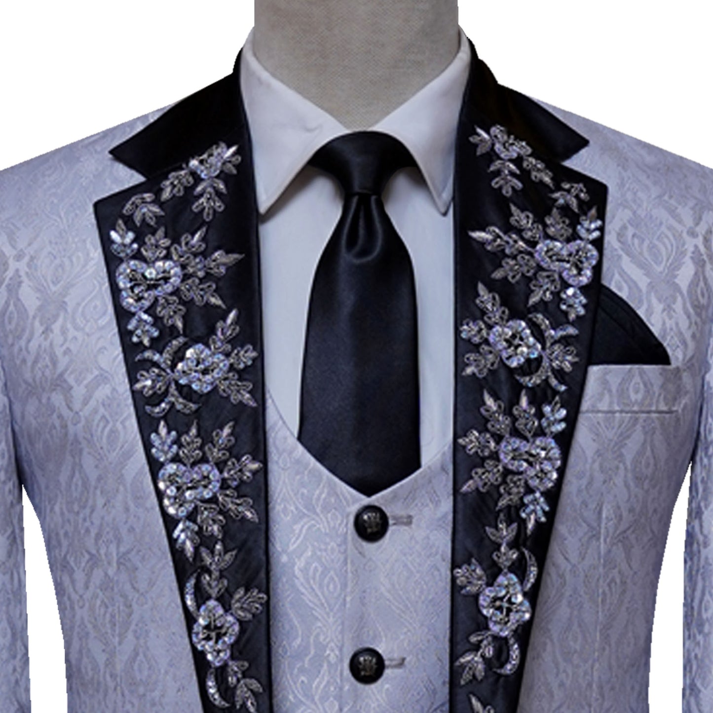 Self Designed Textured Fabric Gray Tuxedo Suit