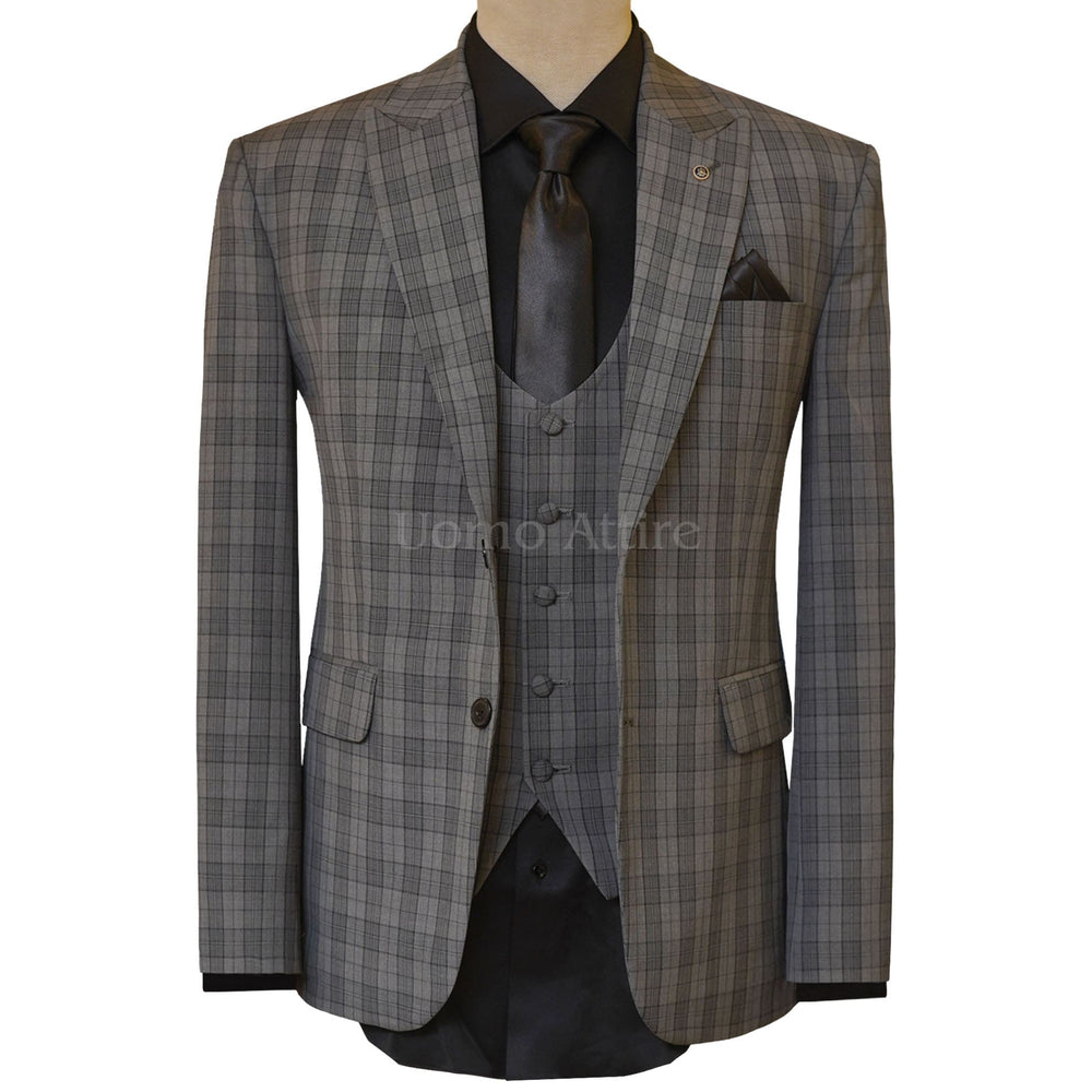 Gray Mini Check 3 Piece Suit for Men | Three Piece Suit for Men