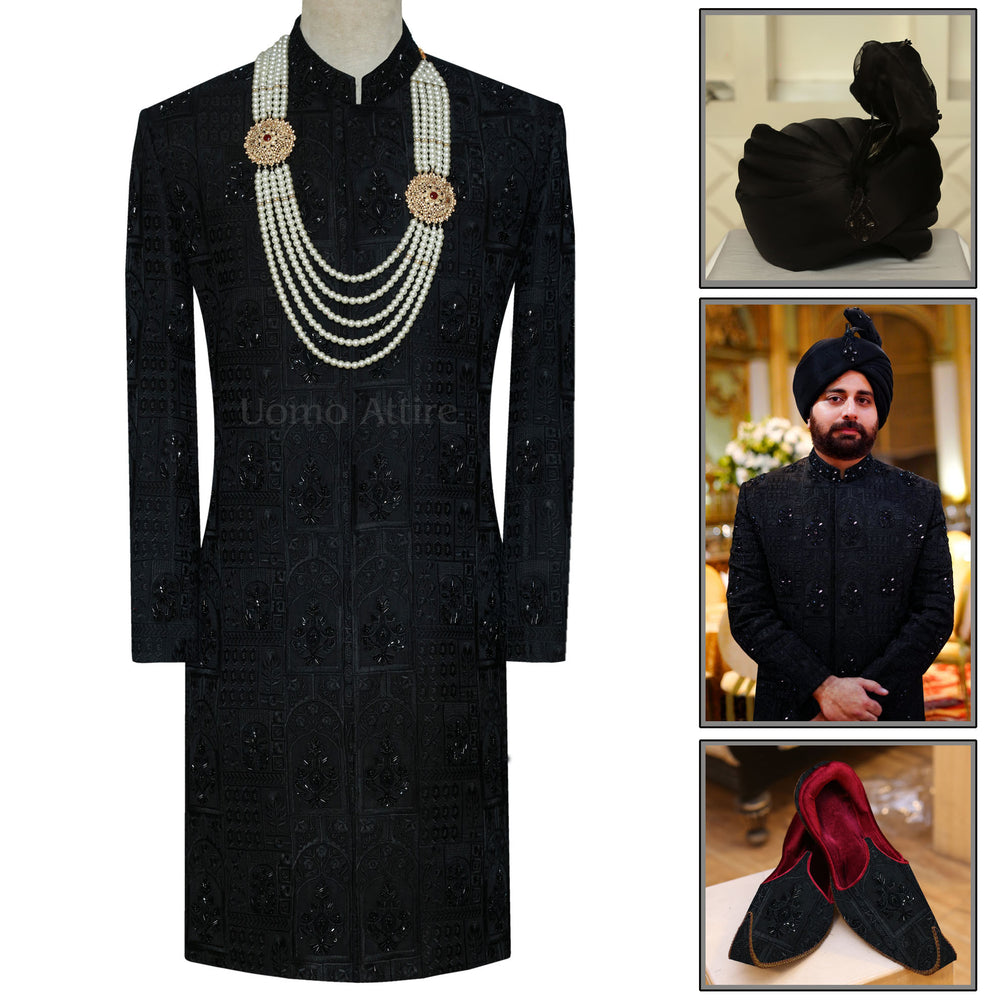 Hand Embellished Black Wedding Sherwani for Groom | Black Sherwani for Groom