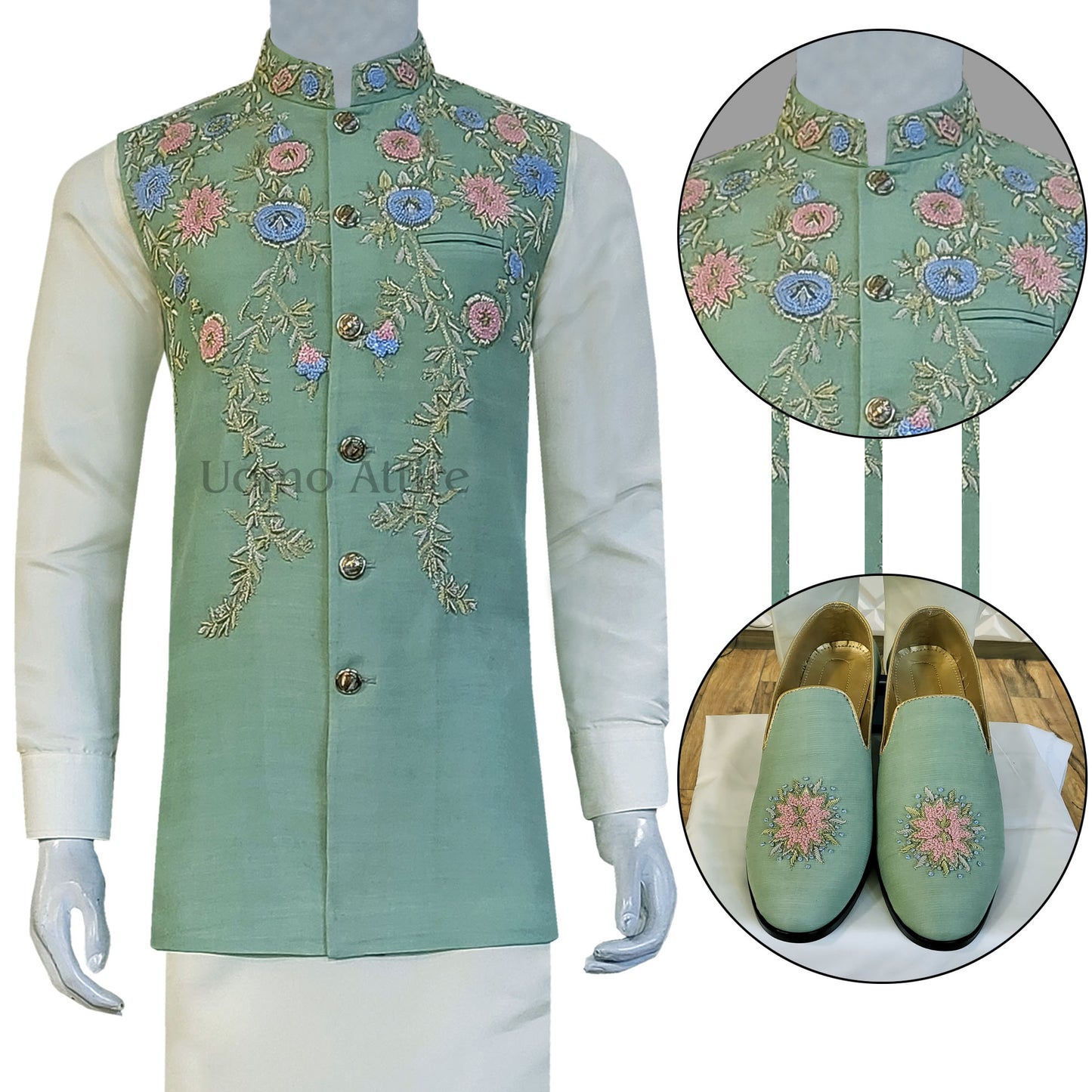 Hand Embellished Mehndi Waistcoat and Shoes for Groom - Buy Online in USA